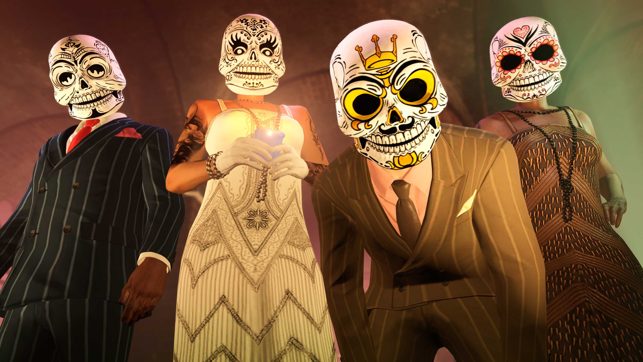 Four characters looking down at the camera wearing variations of the Calaca Masks.