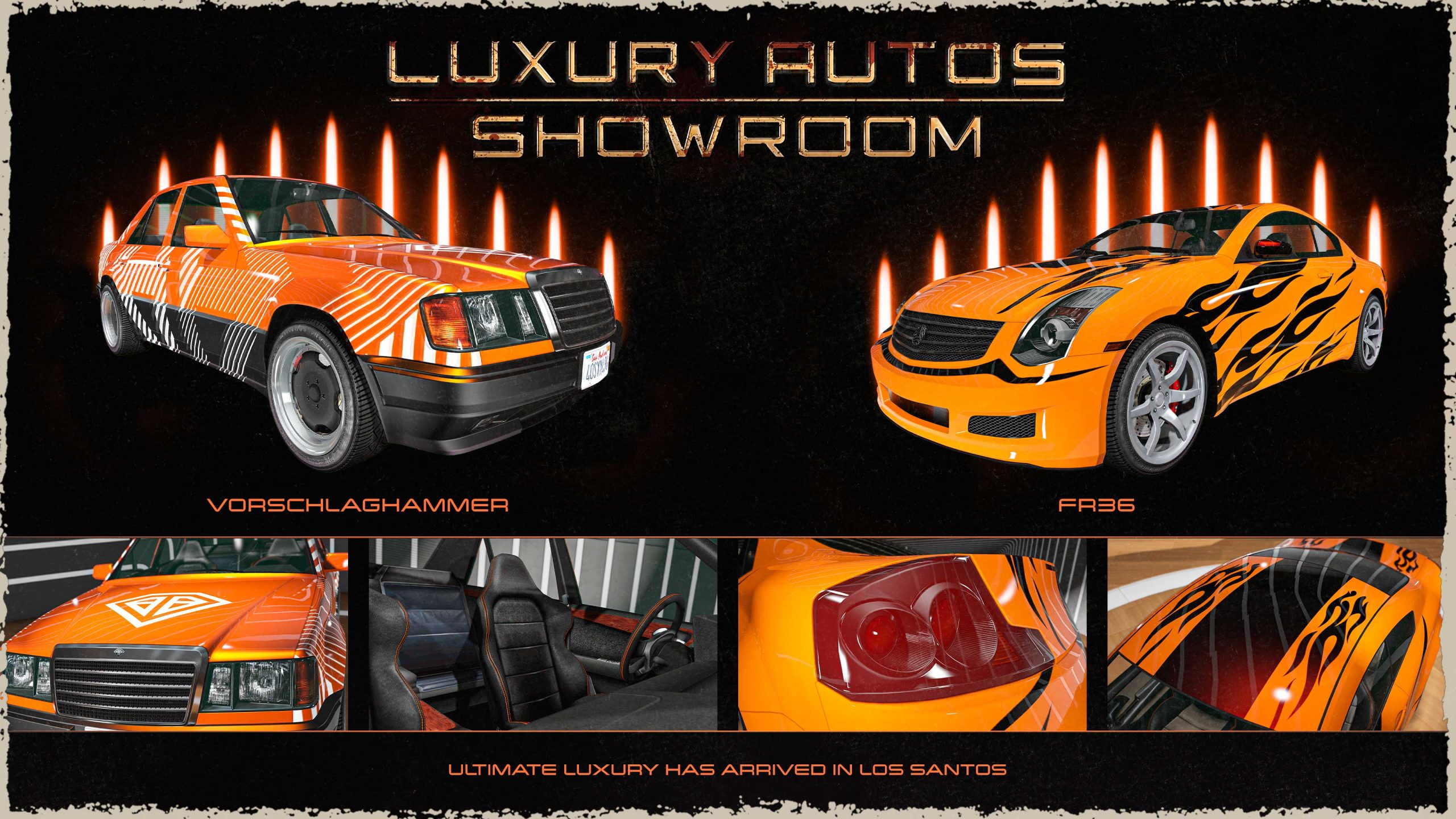 Luxury Autos Showroom poster. Left: An orange four-door Benefactor Vorschlaghammer car with white patterned stripes. Right: An orange three-door Fathom FR36 car with black flames livery.