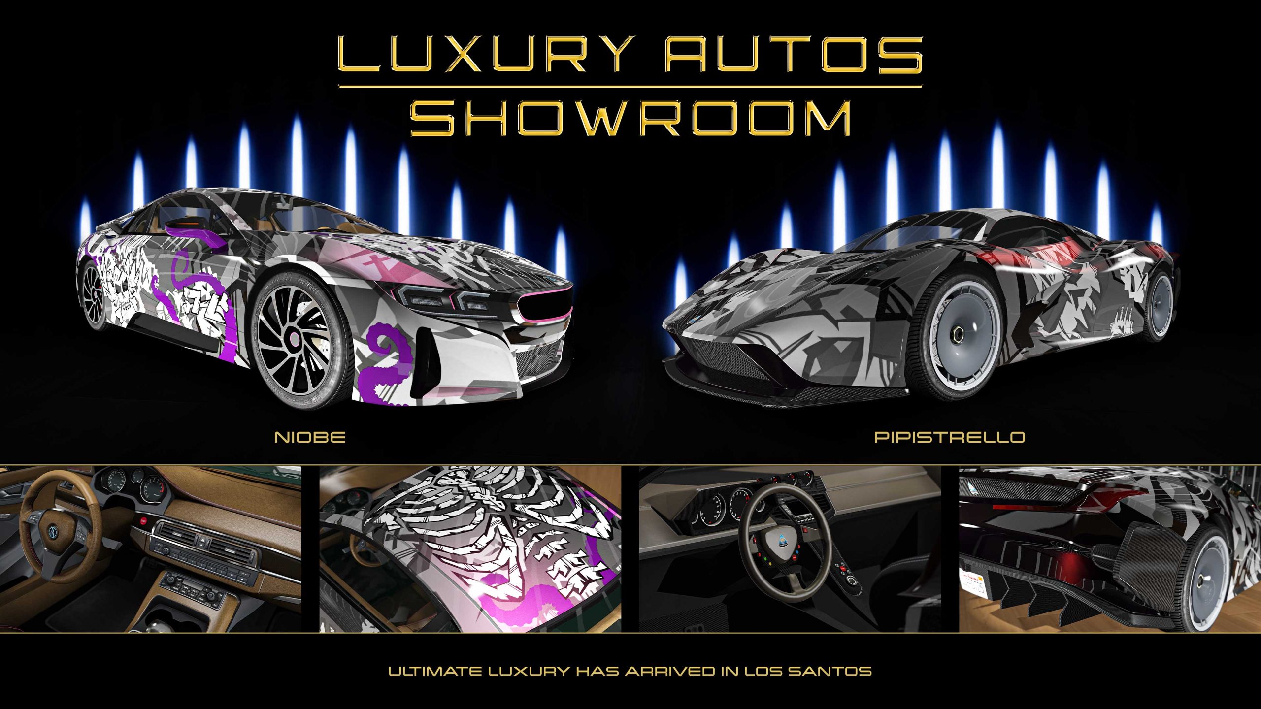 Luxury Autos Showroom poster. Left: A three-door Übermacht Niobe with an abstract grey and white graffiti livery with purple tentacles curling through. Right: A three-door Överflöd Pipistrello with shades of gray tech camo livery.