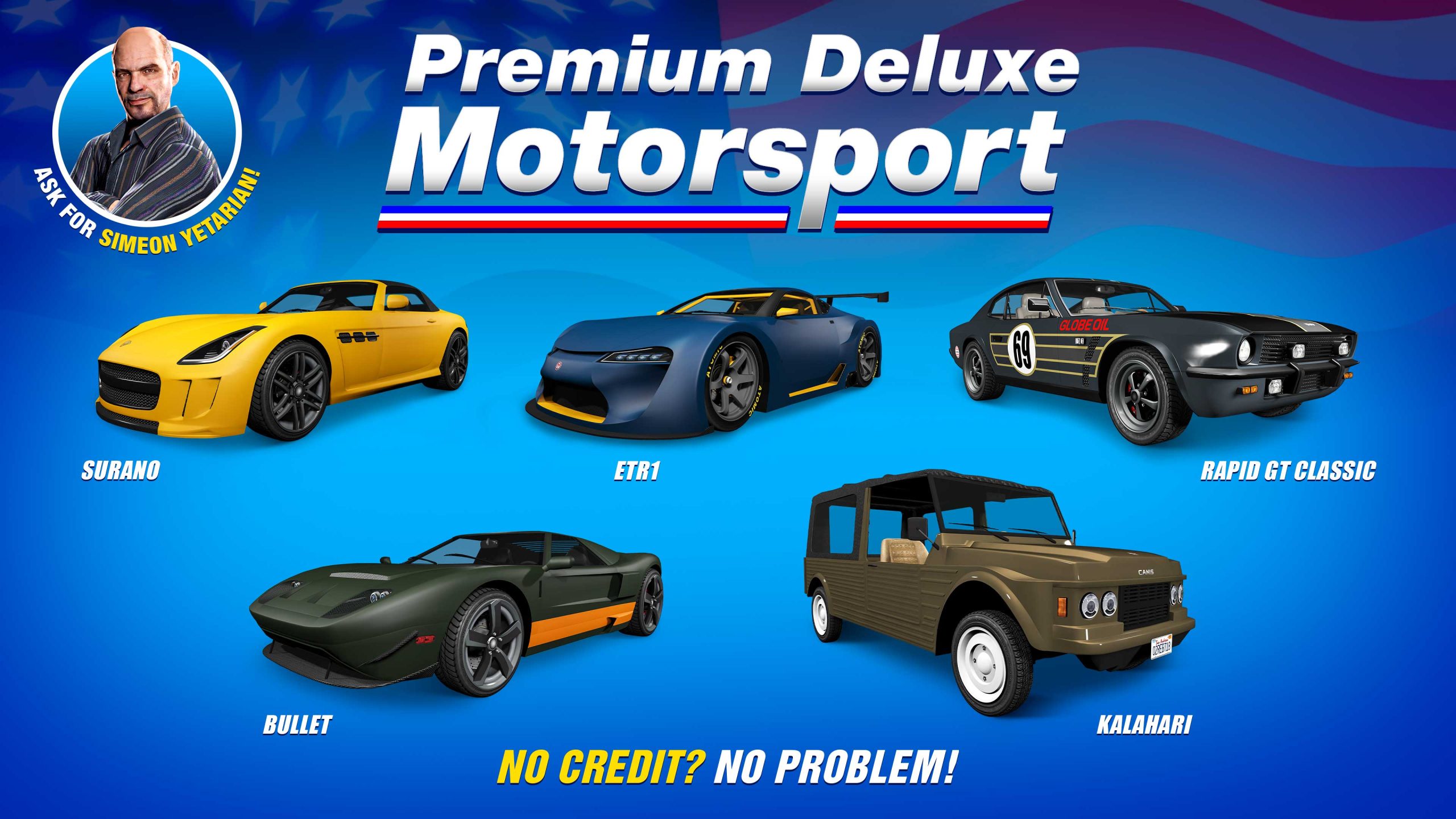 Premium Deluxe Motorsport poster for five vehicles: Benefactor Surano, Vapid Bullet, Emperor ETR1, Dewbauchee Rapid GT Classic, and Canis Kalahari.