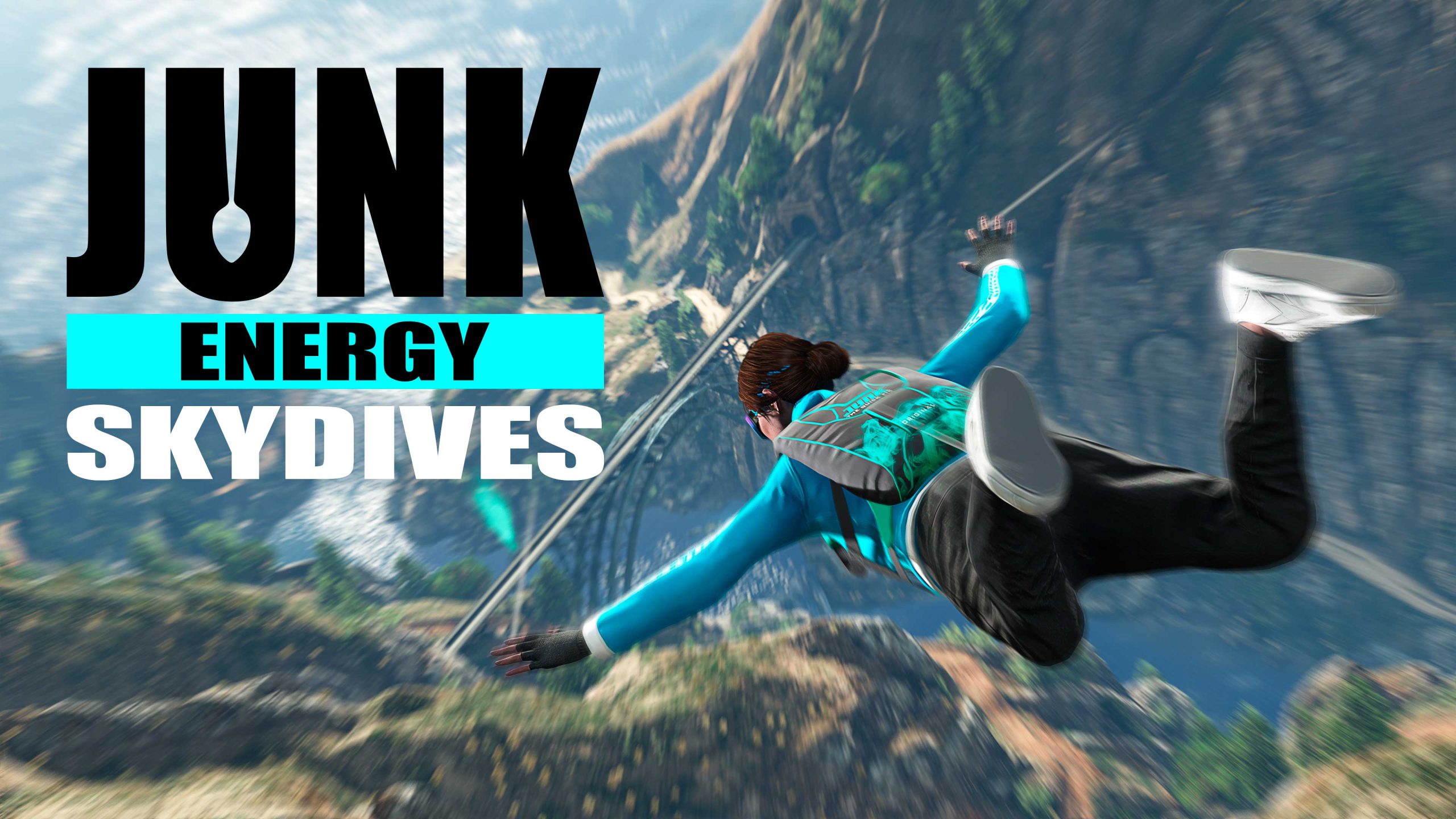 Junk Energy Skydives event poster with a GTA Online character skydiving over a mountain and bridge road while wearing a Junk Energy branded backpack.