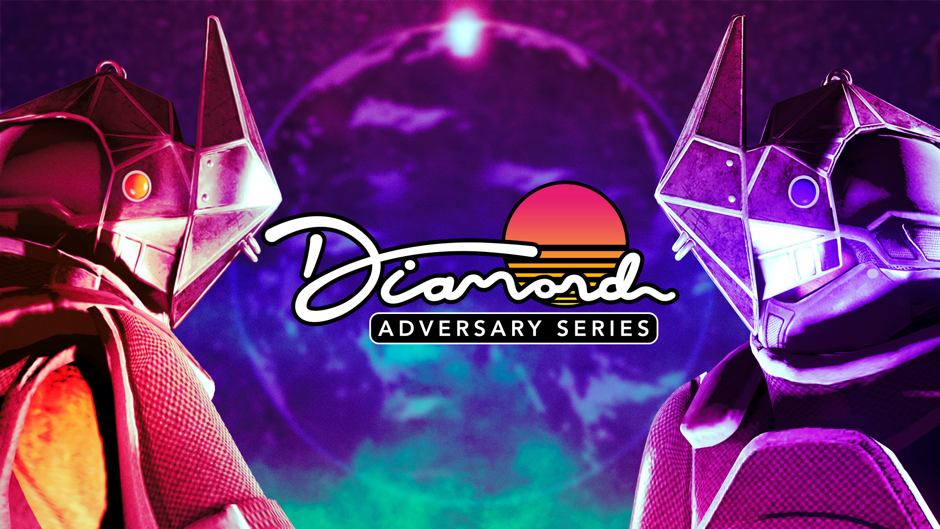 Diamond Adversary Series poster with two characters wearing matching armored outfits with diamond-shaped helmets, one in red, the other in purple.