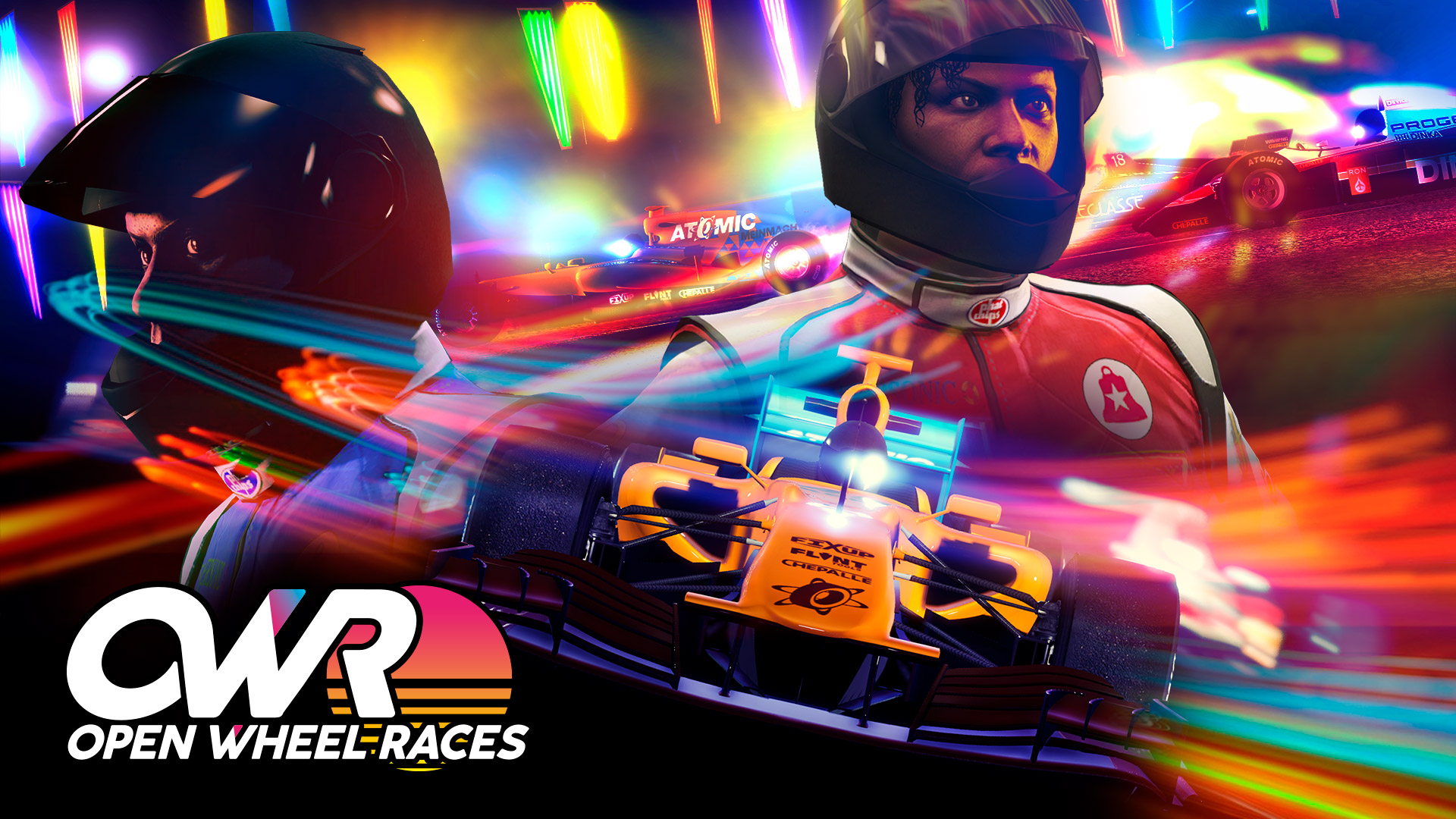 Open Wheel Races poster montage with track cars racing and characters in racing gear looking determined.