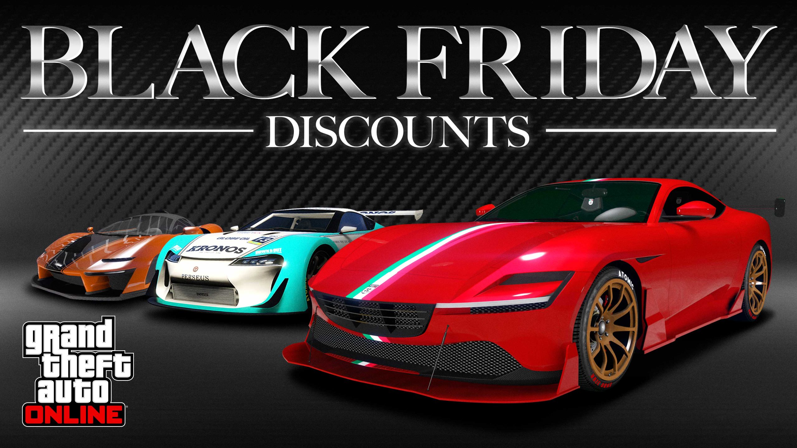 Black Friday Discounts poster with a trio of stylish vehicles.