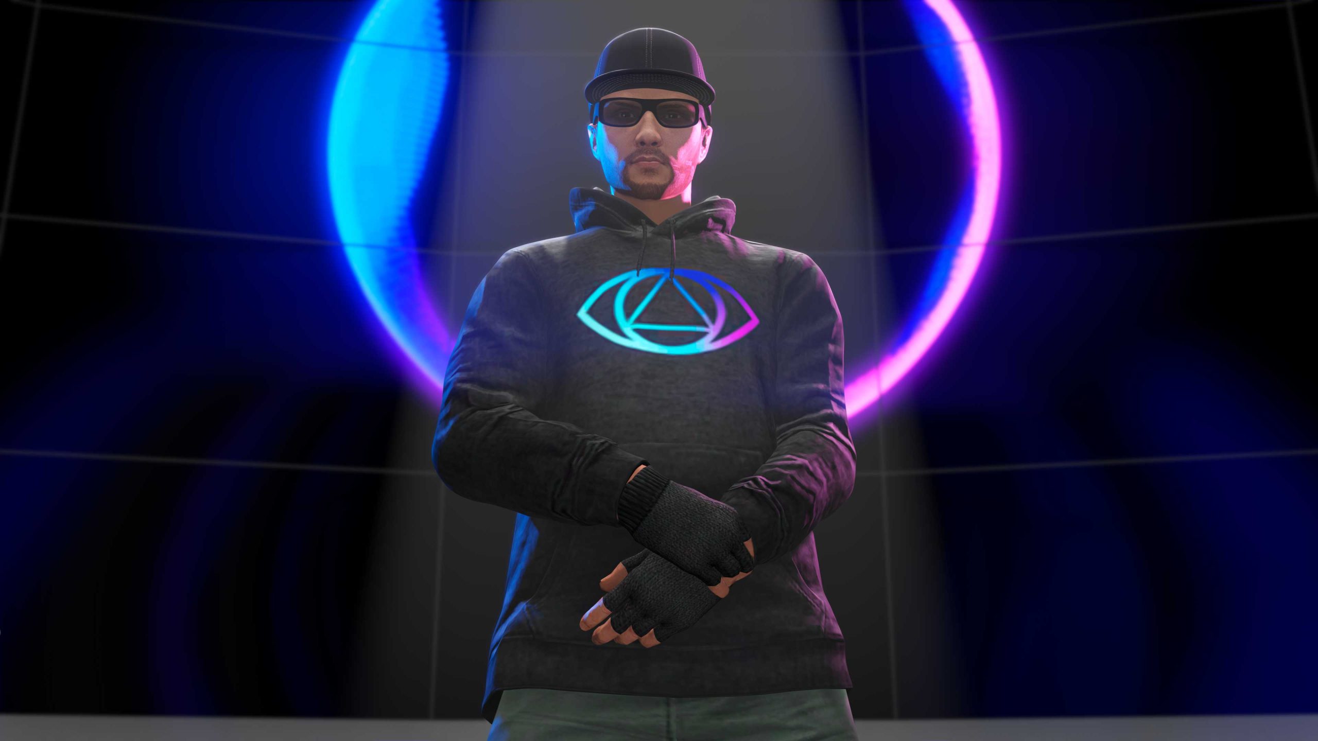 A character wears the black Cliffford Hoodie with an iridescent emblem on the chest. 