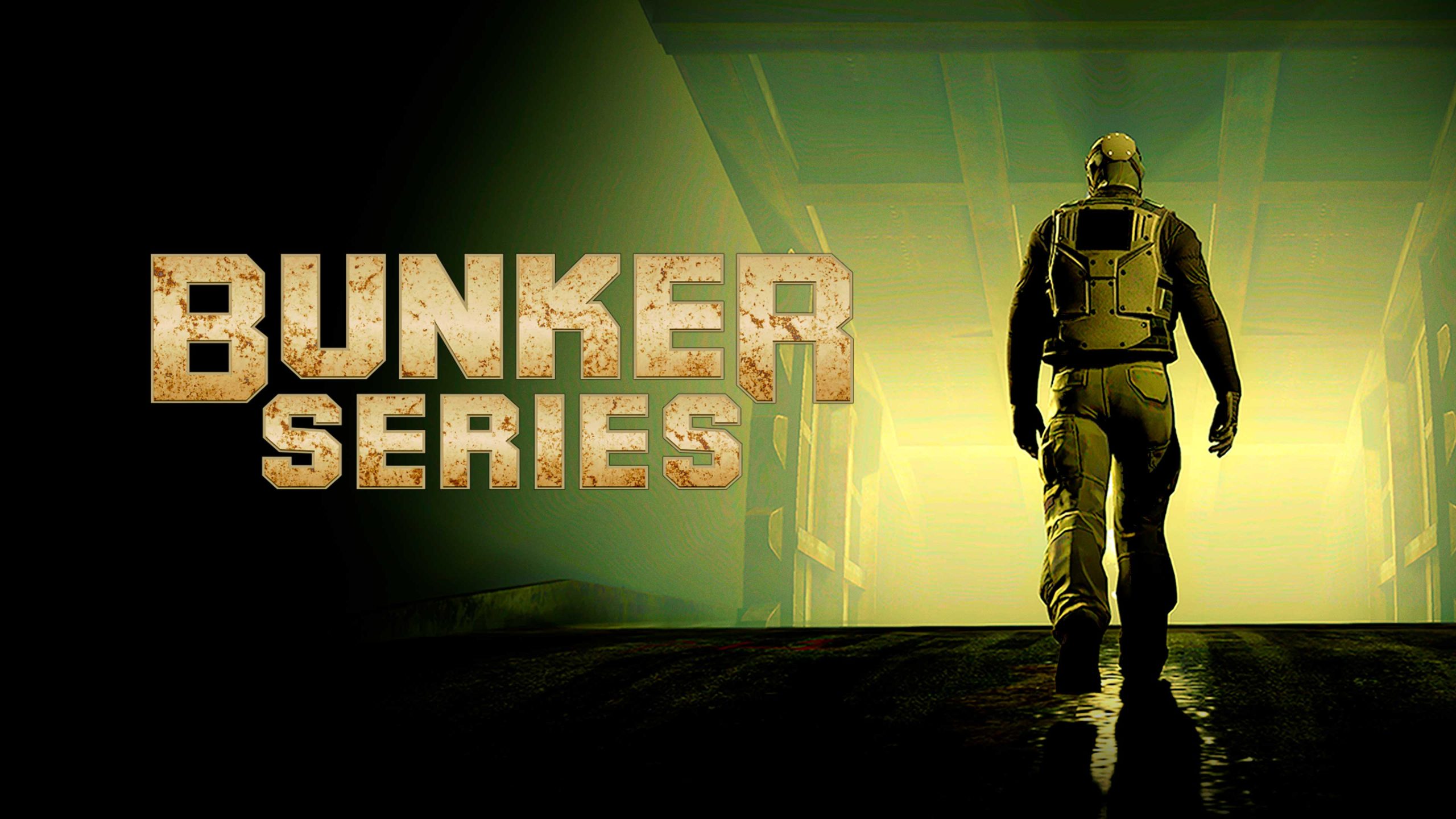 Bunker Series poster with a heavily armored character walking away.