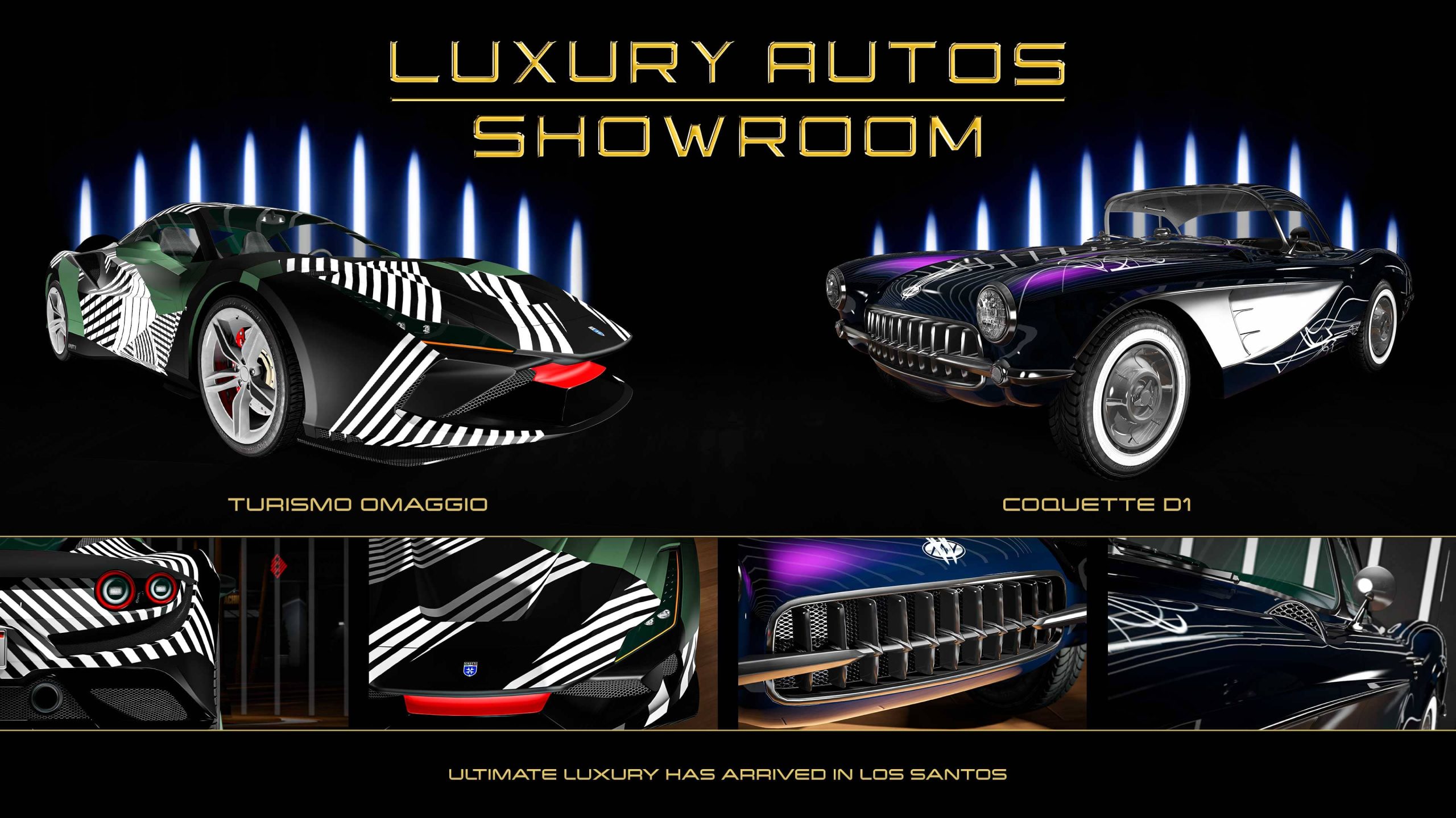 Luxury Autos Showroom poster. Left: A dark three-door Grotti Turismo Omaggio with white diagonal stripes and green sections. Right: A dark-purple pearlescent three-door Invetero Coquette D1 with white sides.