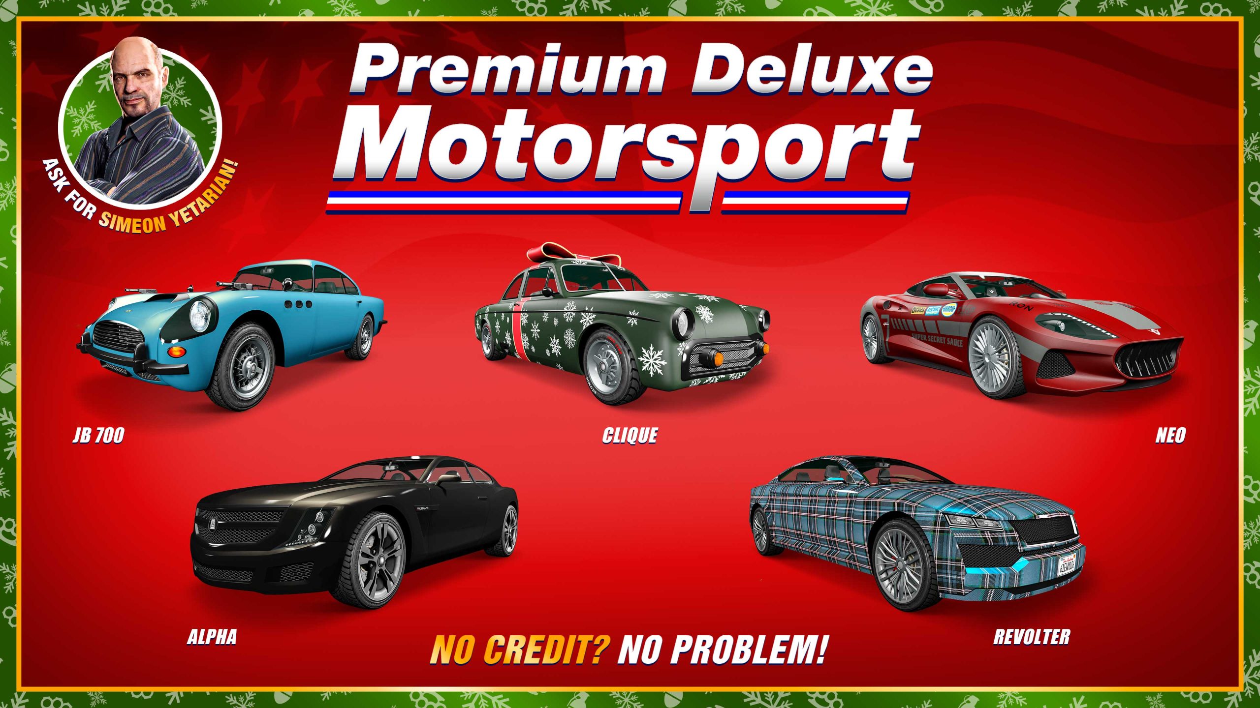 Premium Deluxe Motorsport poster showcasing: Übermacht Revolter, Vapid Clique, Vysser Neo, Dewbauchee JB 700, and an Albany Alpha.