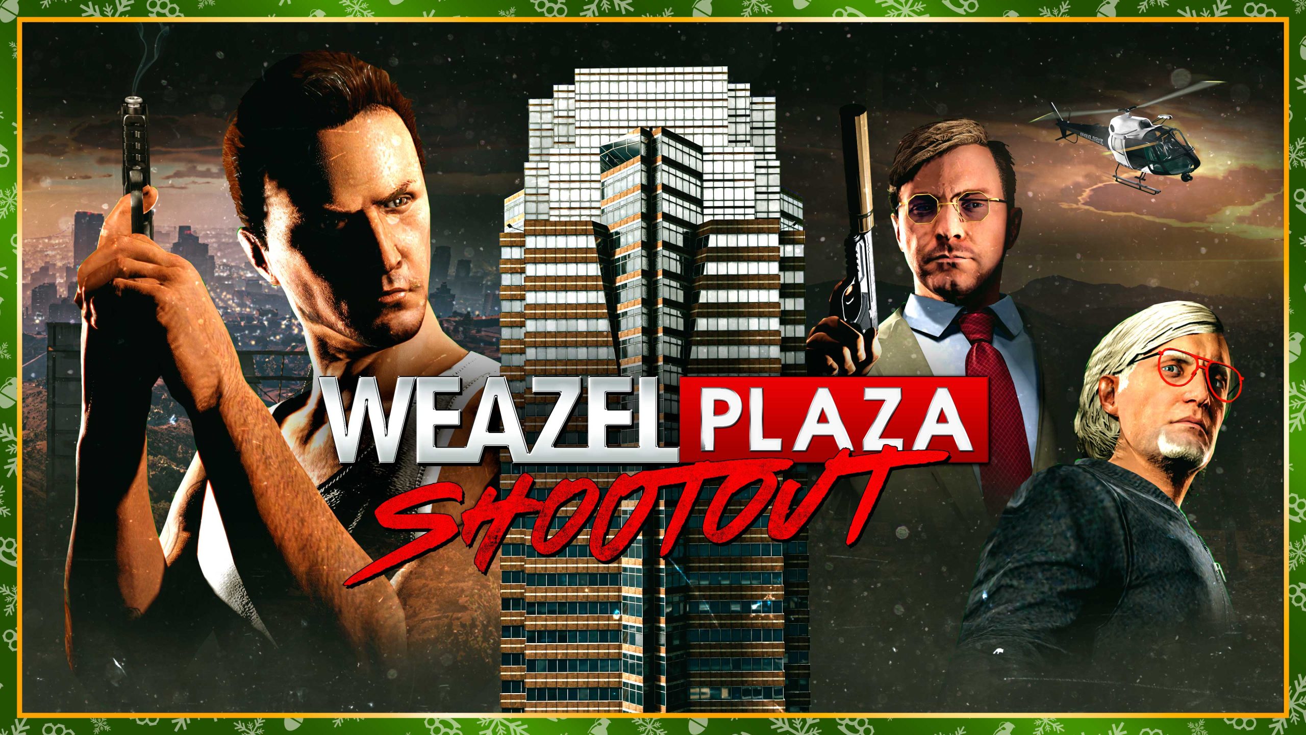 Weazel Plaza Shootout poster montage with a character in a white tank-top holding a handgun, a suited character with a silenced pistol, and a character in a black jacket, with the Weazel Plaza tower between them.