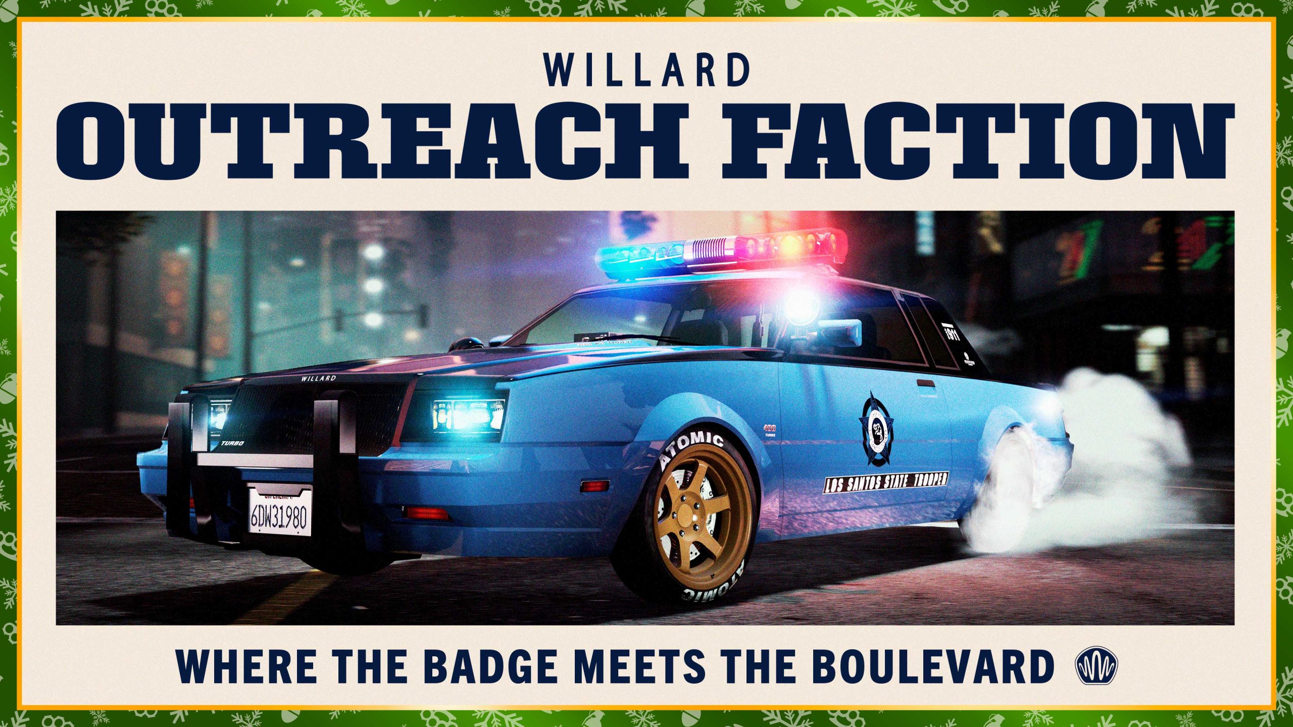 Willard Outreach Faction poster showcasing a blue and black Los Santos State Trooper low-rider patrol car with police lights flashing.