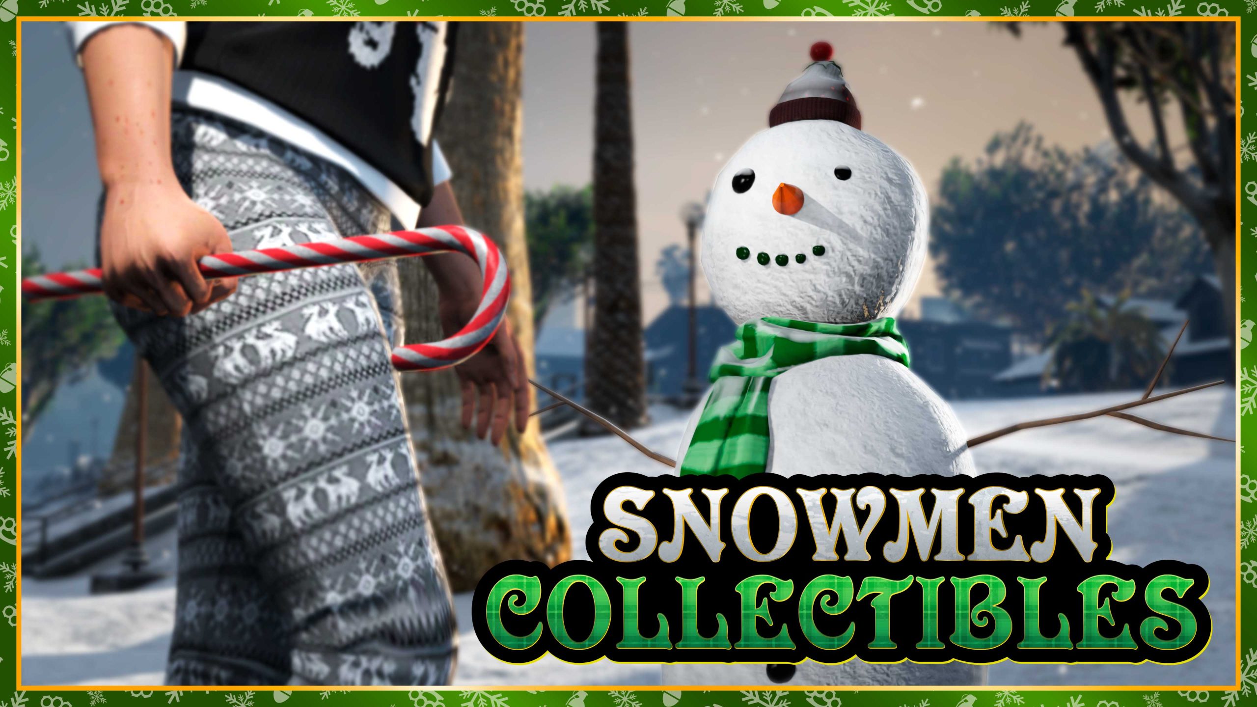 Snowmen Collectibles poster with a snowman smirking as someone walks past gripping a large candy cane at their hips.