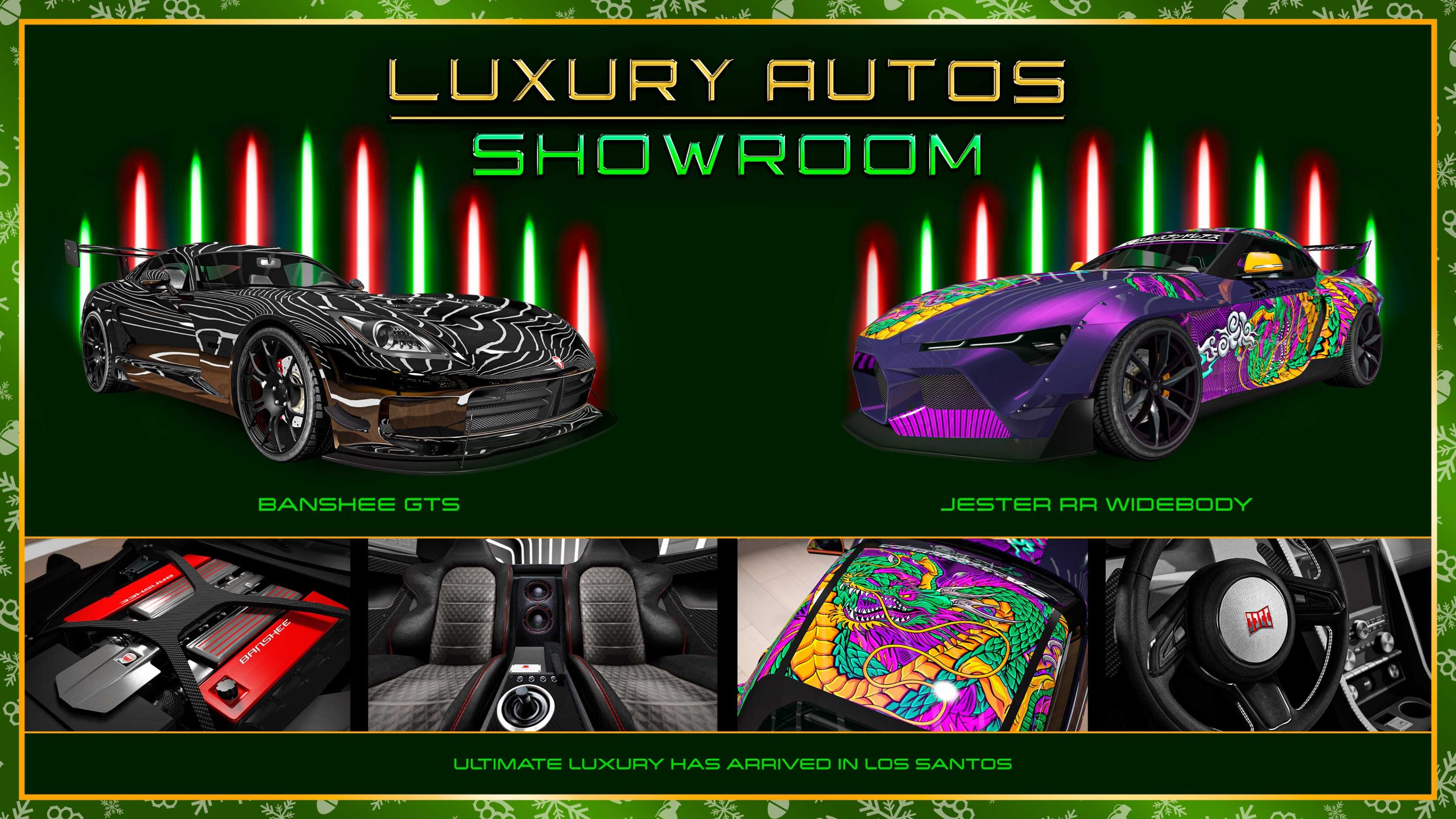 Luxury Autos Showroom poster. Left: A glossy black three-door Bravado Banshee GTS. Right: A pearlescent purple three-door Dinka Jester RR Widebody with a colorful Chinese Dragon livery.