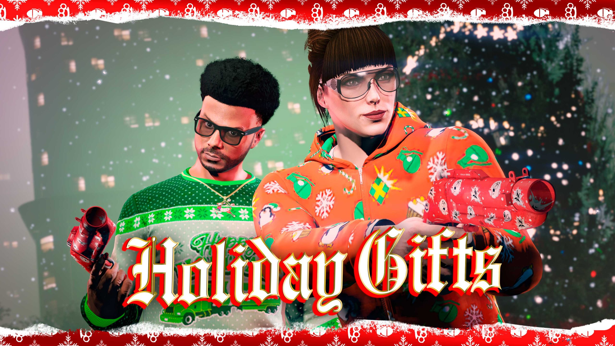 Holiday Gifts poster where two characters wear festive gear, holding snowball launchers wrapped in wrapping paper style liveries.