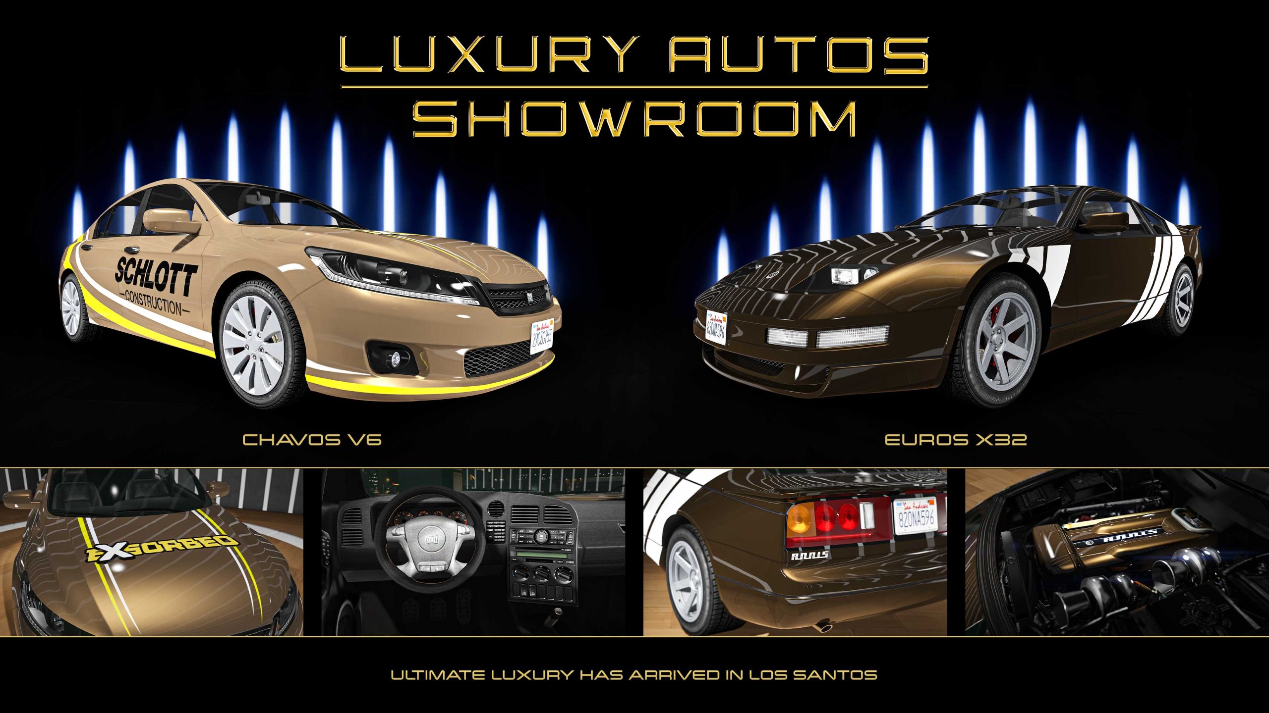 Luxury Autos Showroom poster. Left: A beige Dinka Chavos V6 with a Schlott Construction livery. Right: A brown Annis Euros X32 with white stripes. 