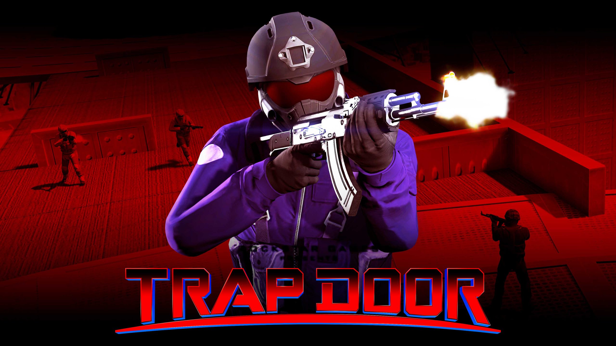 Trap Door poster featuring an armed GTA Online character with a background of characters shooting at one another in an arena.