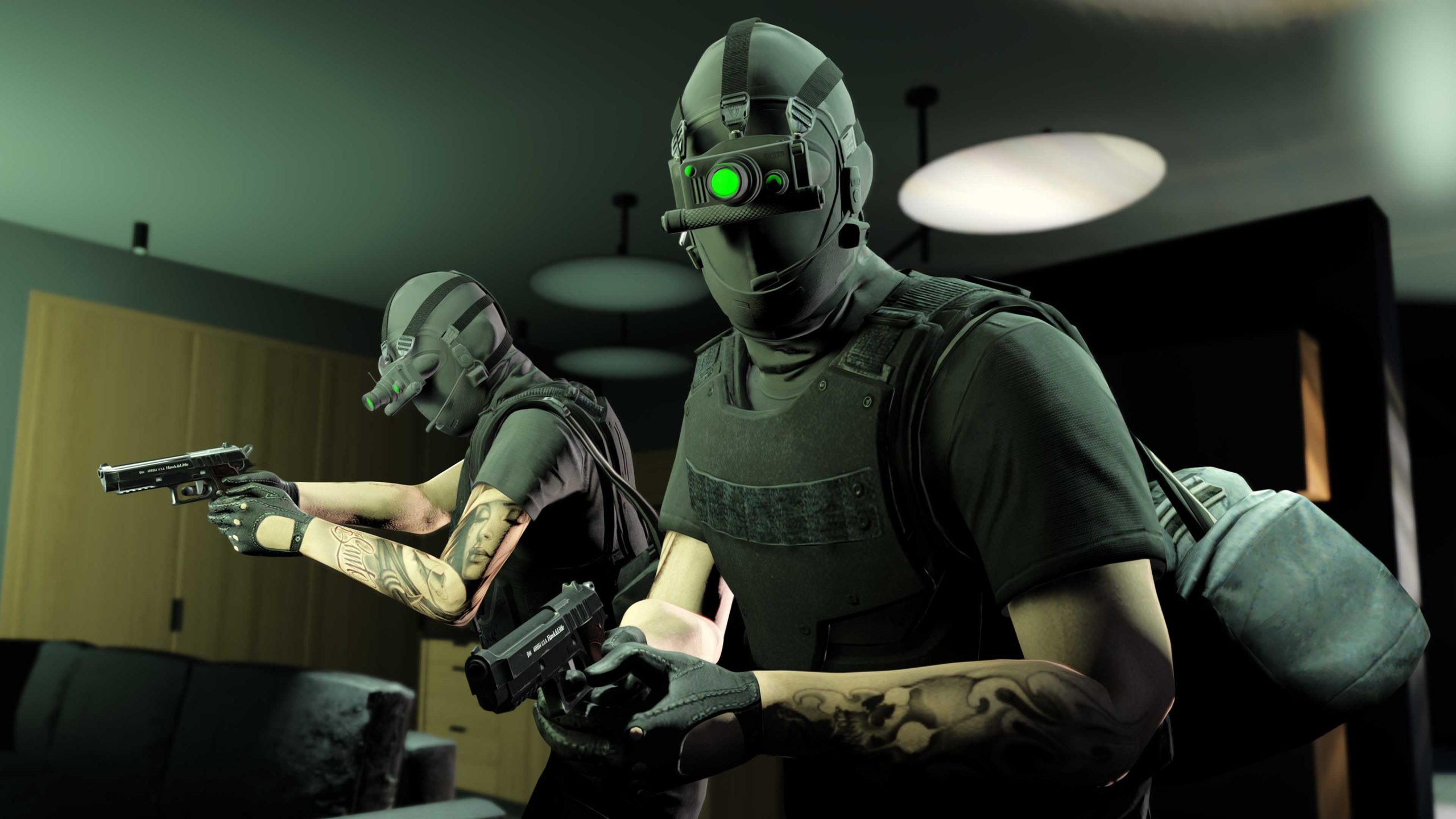 2 armed GTA Online characters wearing night vision masks.