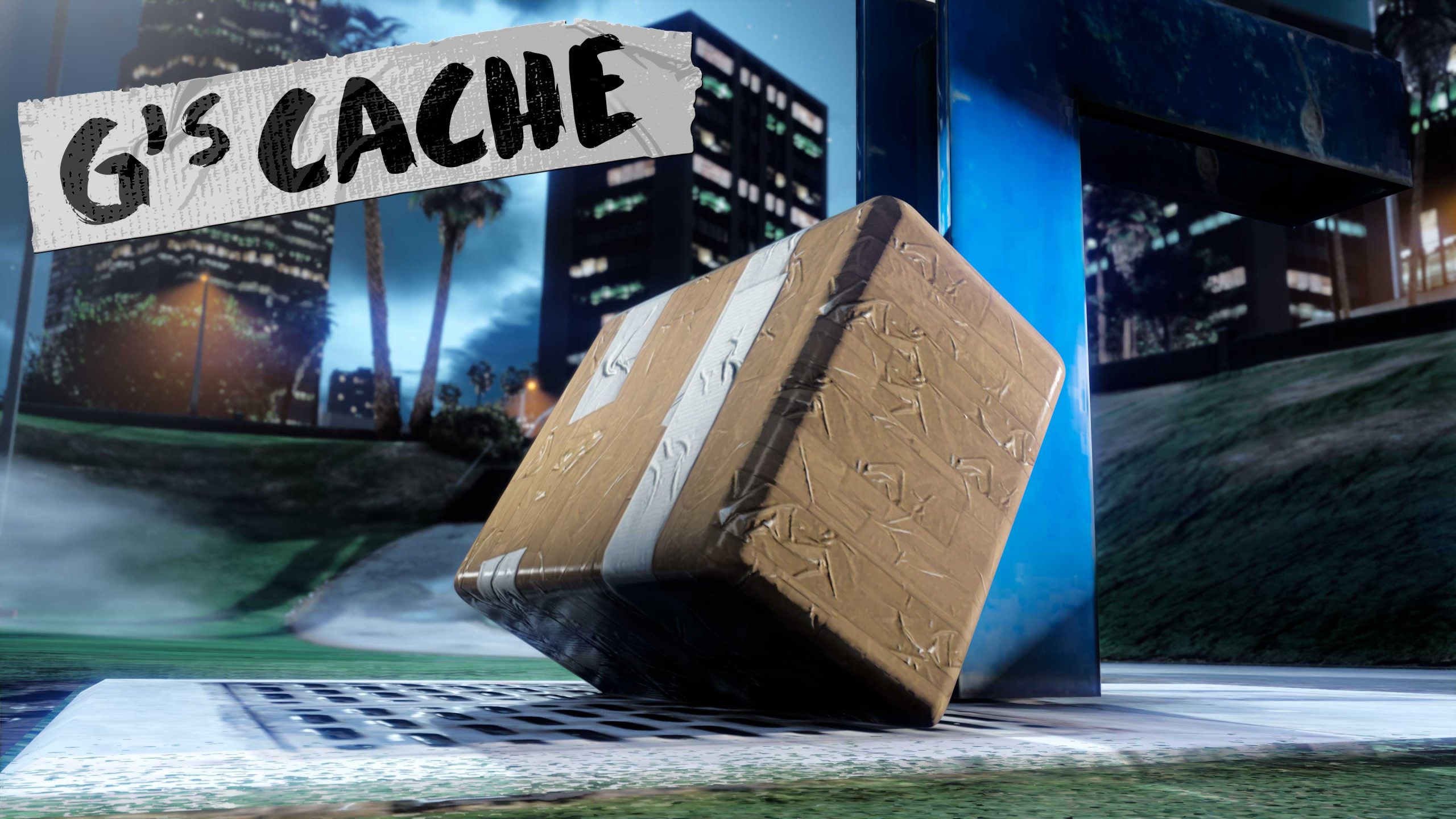 G’s Cache event poster with a small box wrapped in parcel paper and white tape leaning against a blue column. 