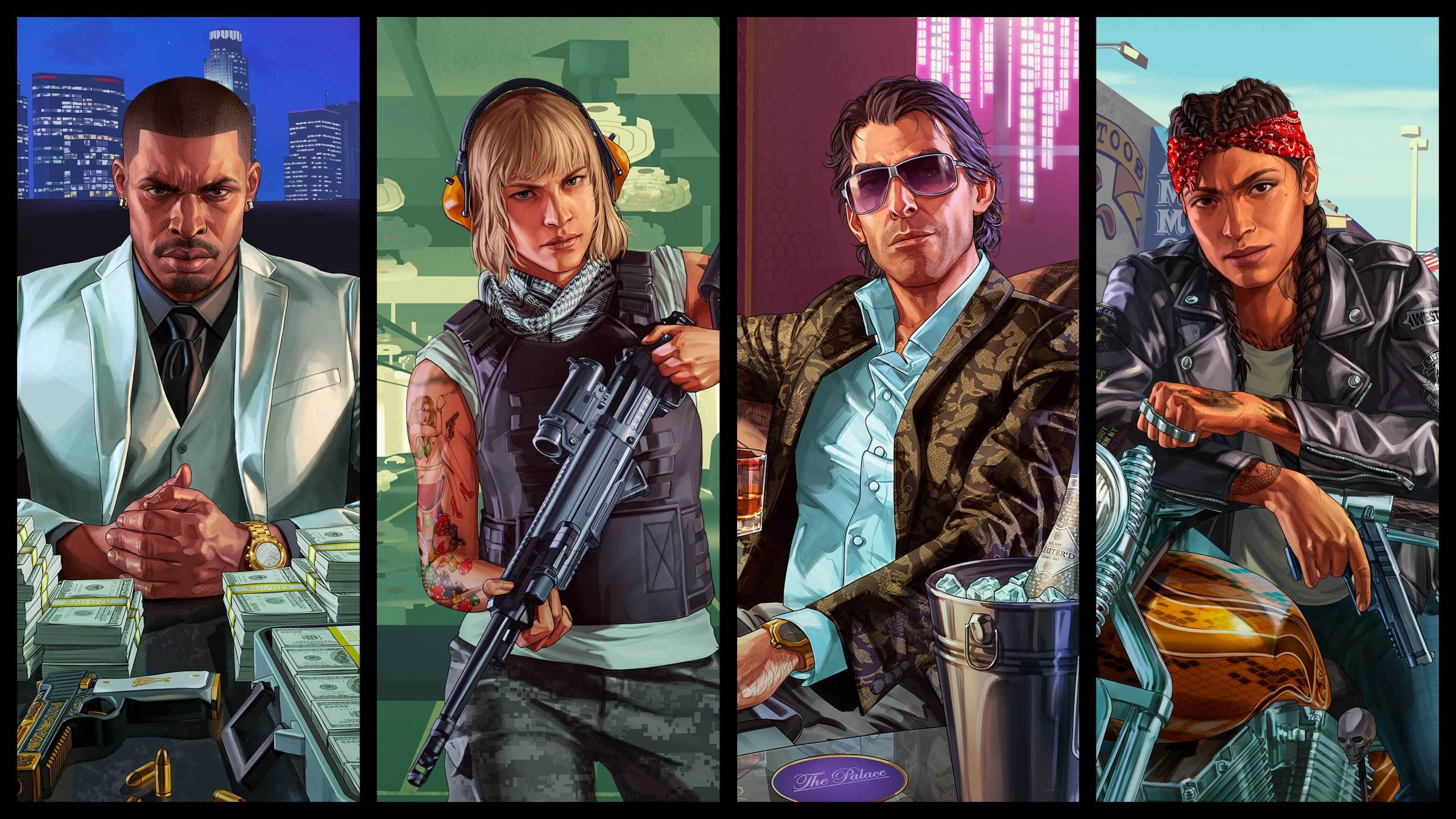 Four images of GTA Online characters as an Executive, a Gunrunner, a Nightclub Owner, and a Biker. 