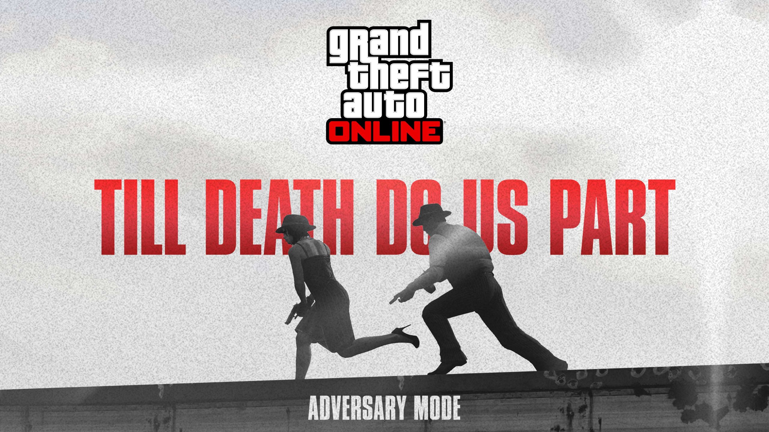 Grand Theft Auto Adversary Mode with an armed man and woman duo running, wearing a classic suit and dress, both wearing fedoras. Text reads, ‘Till death do us part’. 