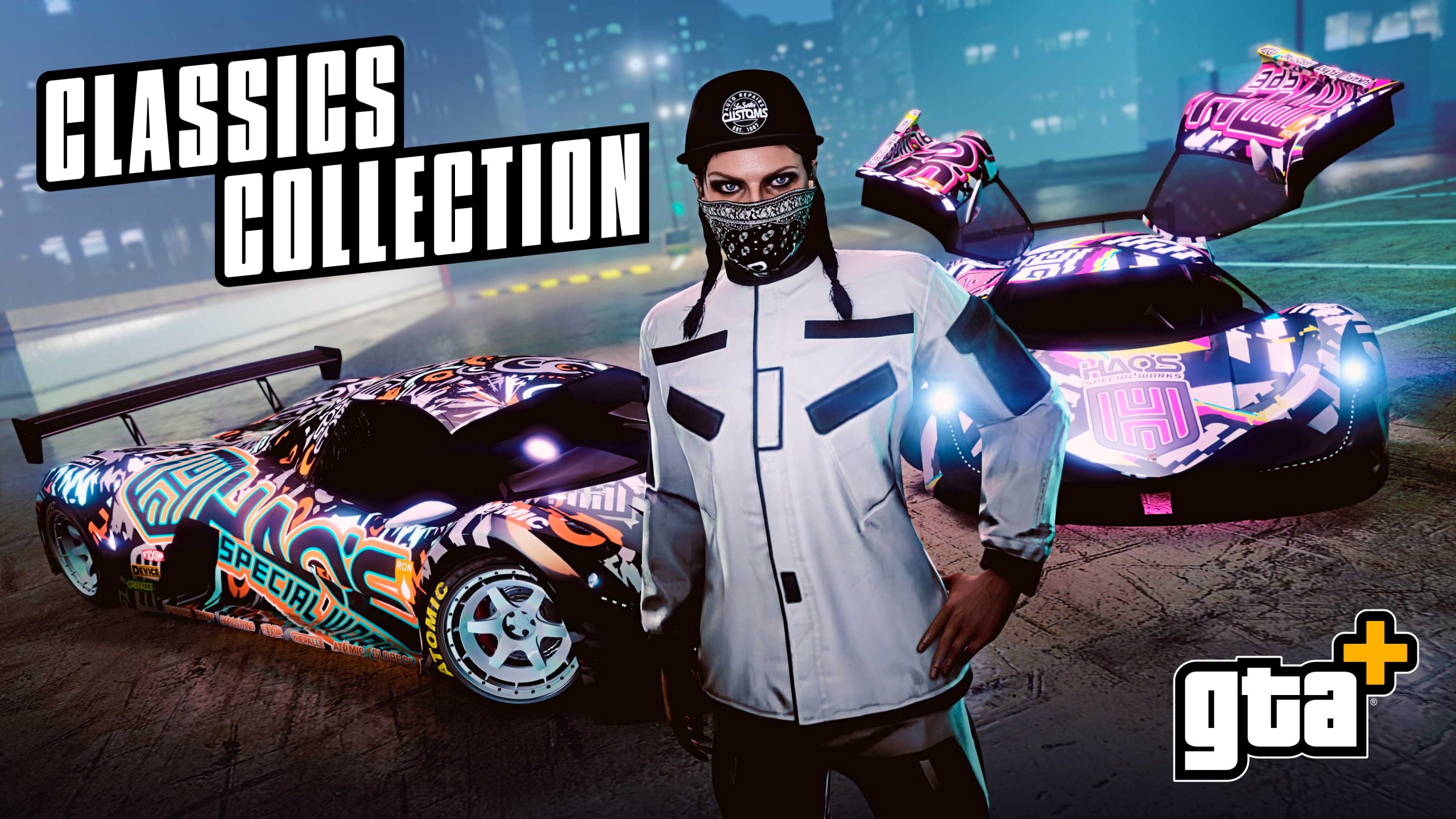 GTA+ Classics Collection event poster featuring a character wearing the LS Customs Forwards Cap and Neck Gaiter, standing nearby two modified cars. 