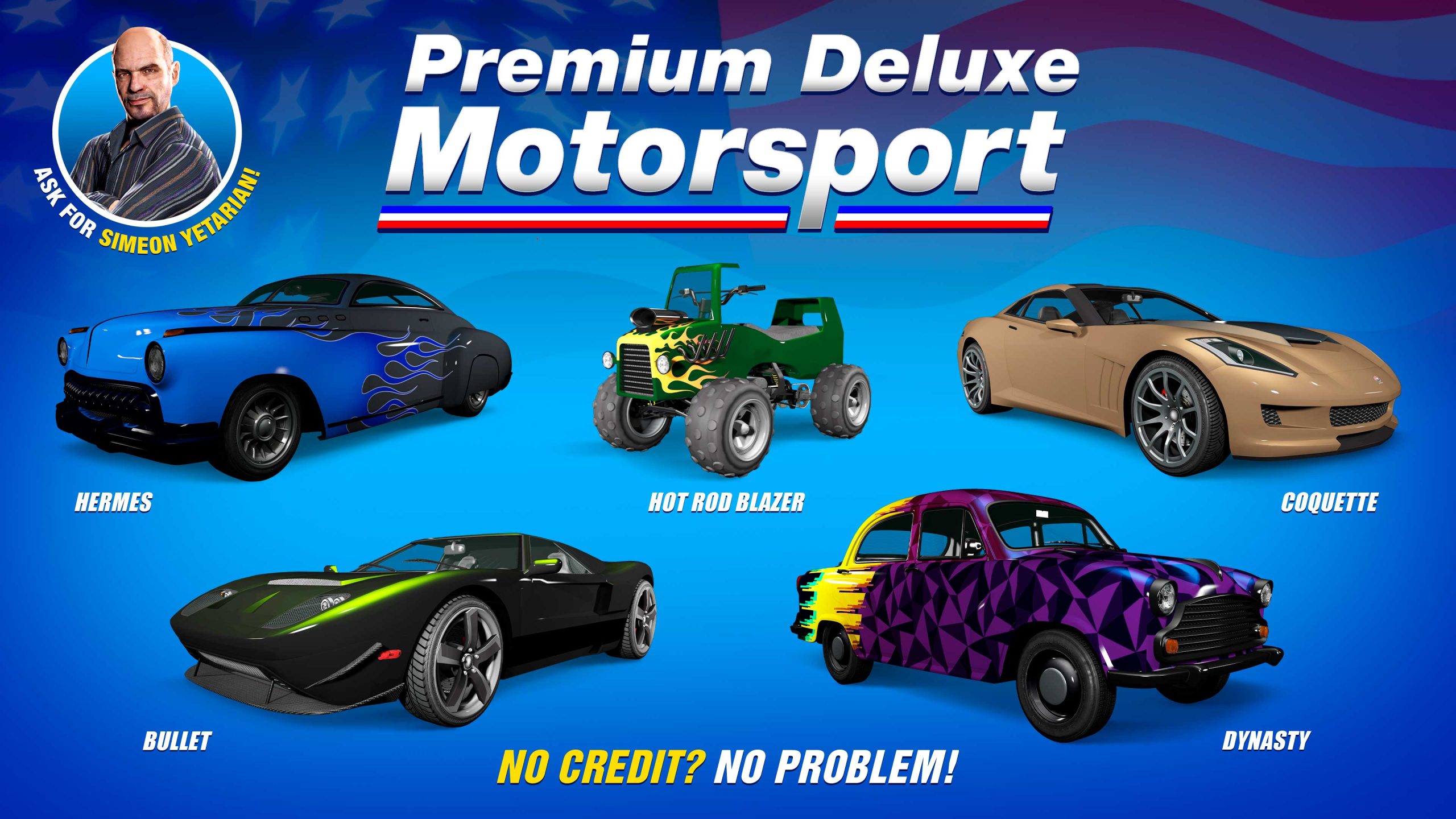 Premium Deluxe Motorsport poster for five vehicles: Vapid Bullet, Albany Hermes, Weeny Dynasty, Invetero Coquette, and Nagasaki Hot Rod Blazer. 