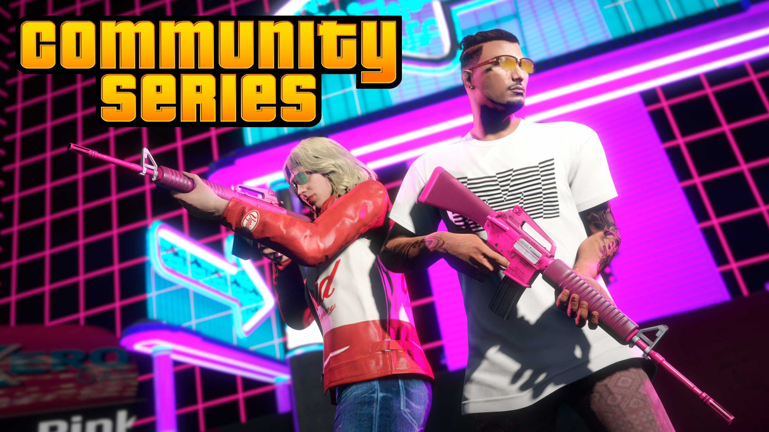 Community Series event poster with two characters, armed with pink weapons, standing in front of a neon grid wall. 