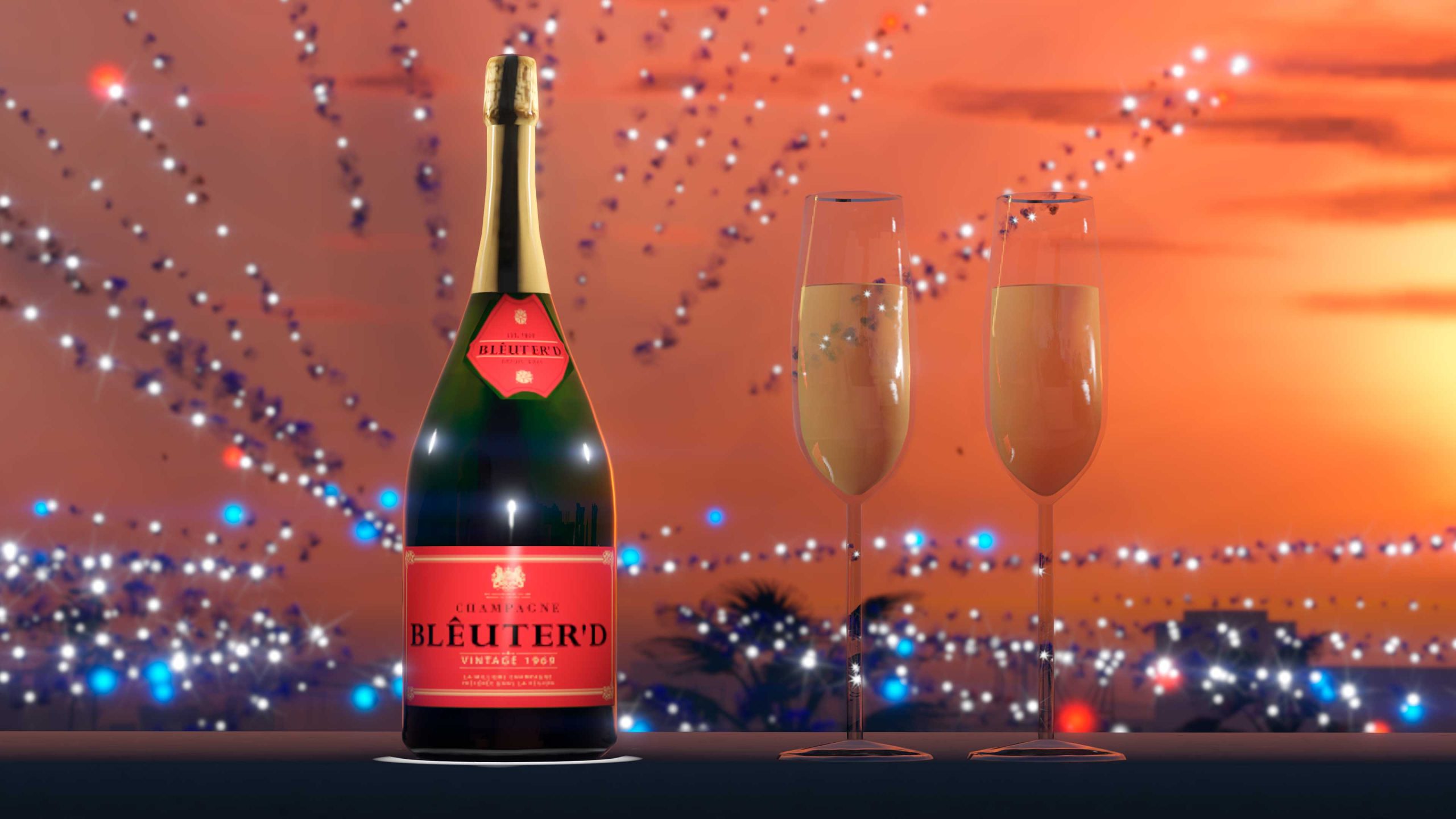 A bottle of Blêuter’d Champagne set to a background of a sunset and fireworks. 