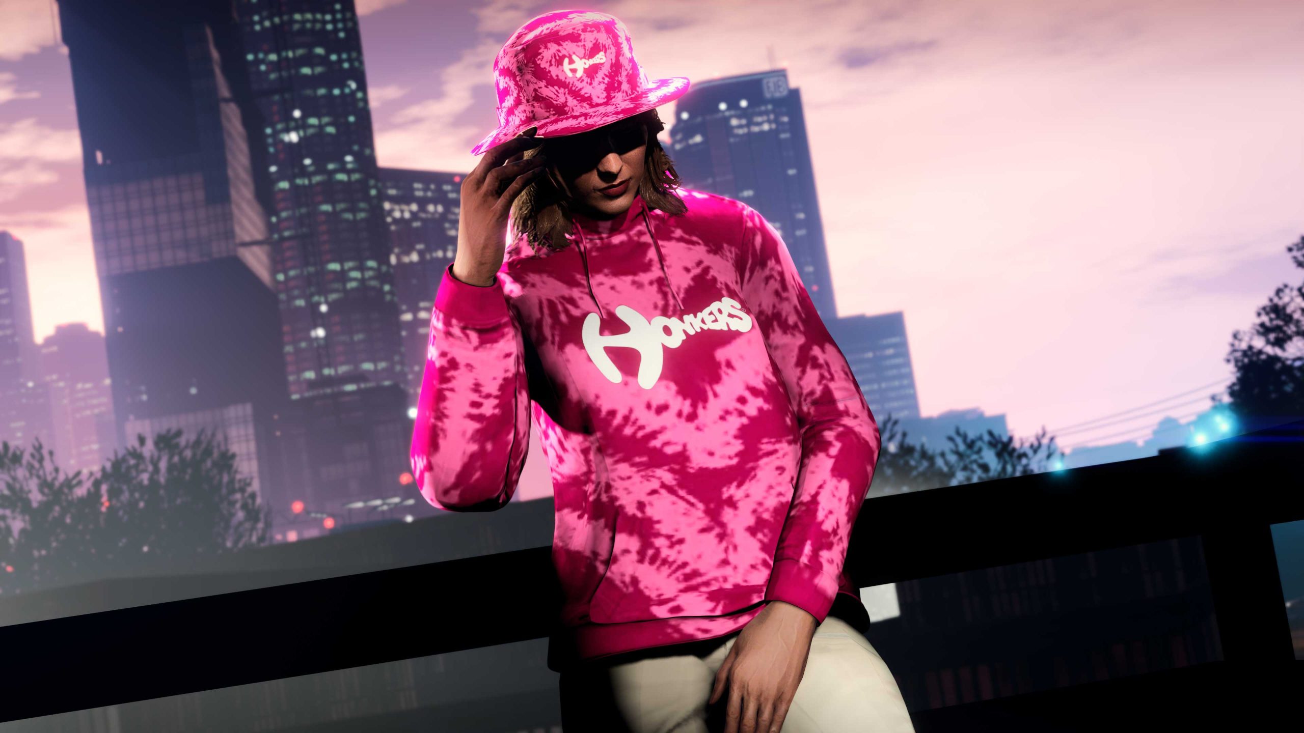 A character wears the pink Honkers Tie-Dye Hoodie and Hat. 