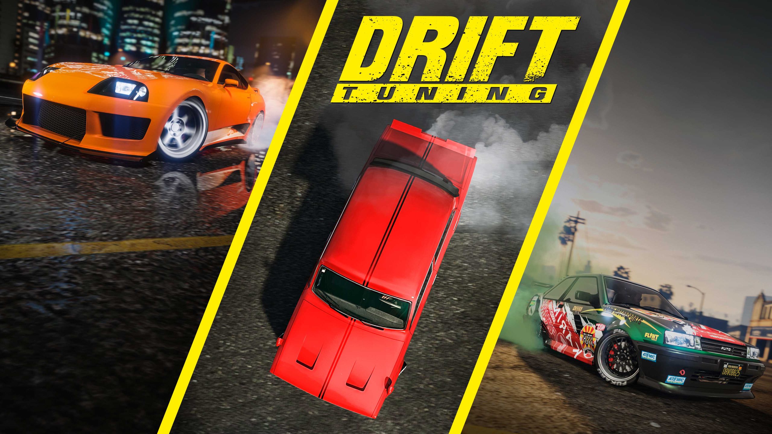 Drift Tuning poster featuring modified variants of the Dinka Jester Classic, Karin Futo, and RUNE Cheburek 