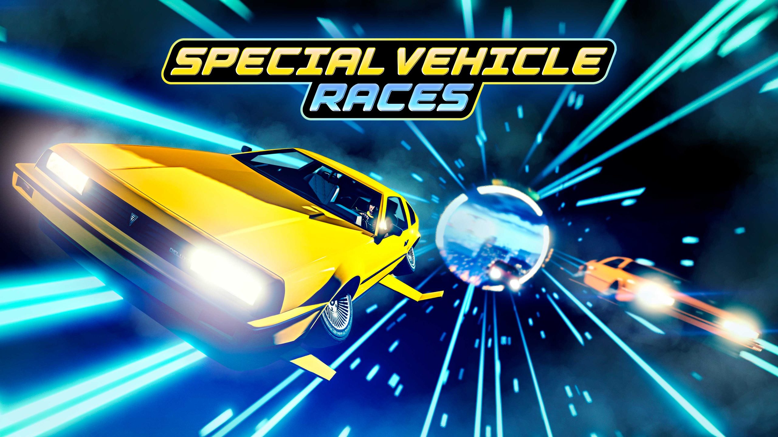 Special Vehicle Races poster with flying cars speeding through a neon tunnel. 