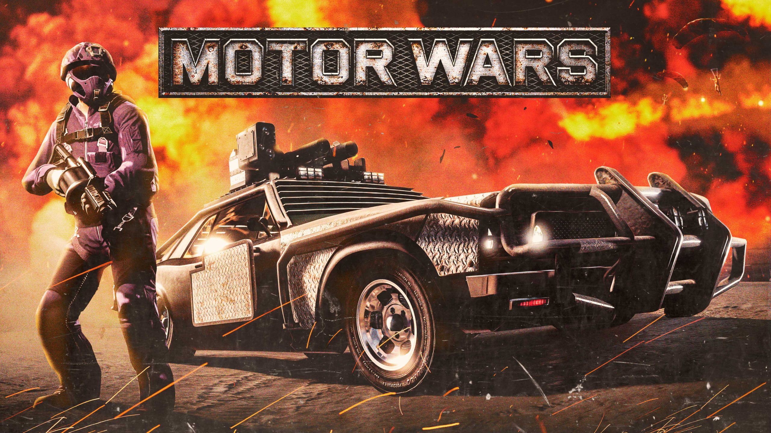 Motor Wars poster with a GTA Online player wearing pink armor standing next to a heavily modified car with armor and weapons. 