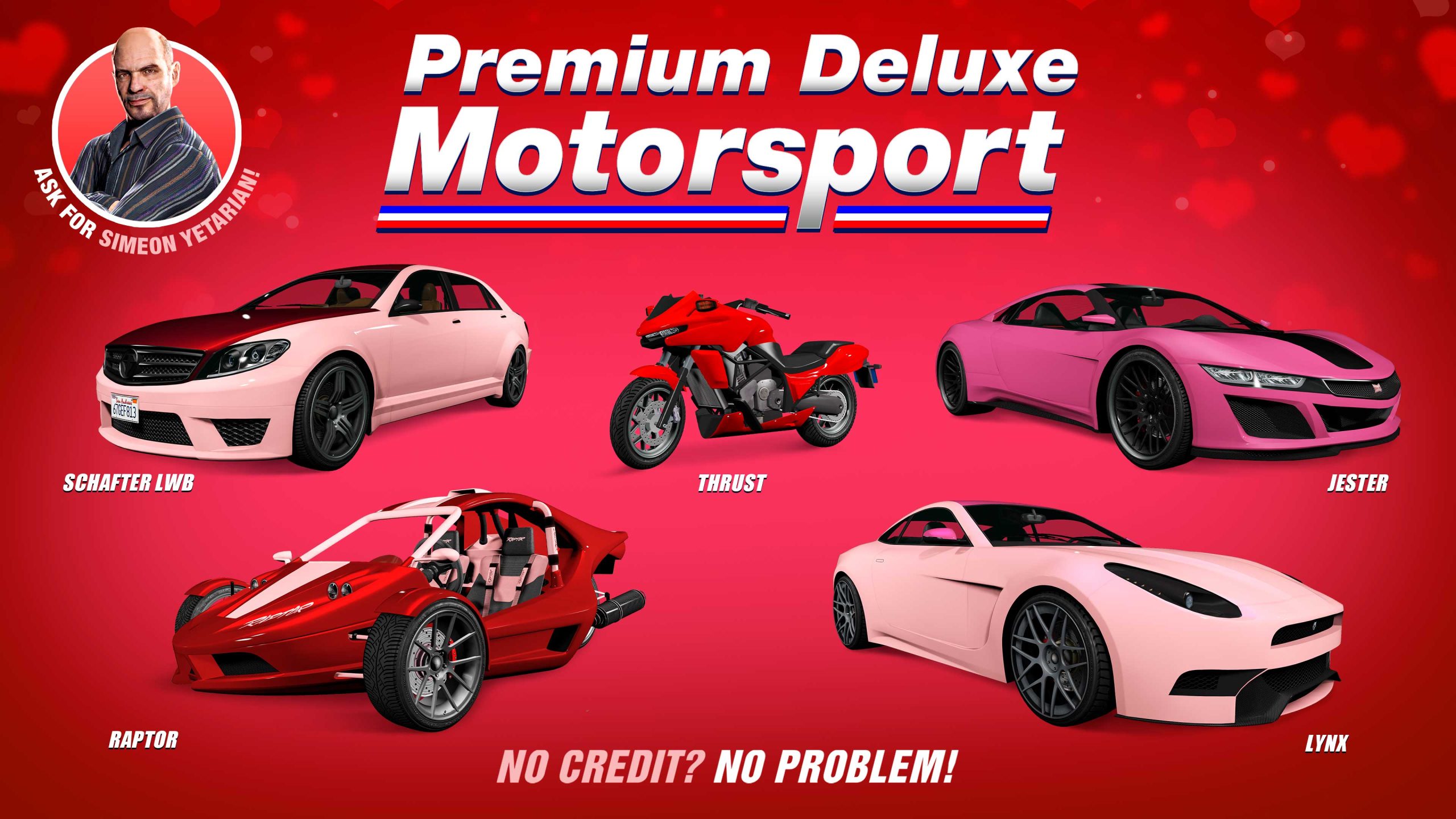 Premium Deluxe Motorsport poster for five vehicles: Ocelot Lynx, Dinka Jester, Dinka Thrust, BF Raptor, and Benefactor Schafter LWB. 