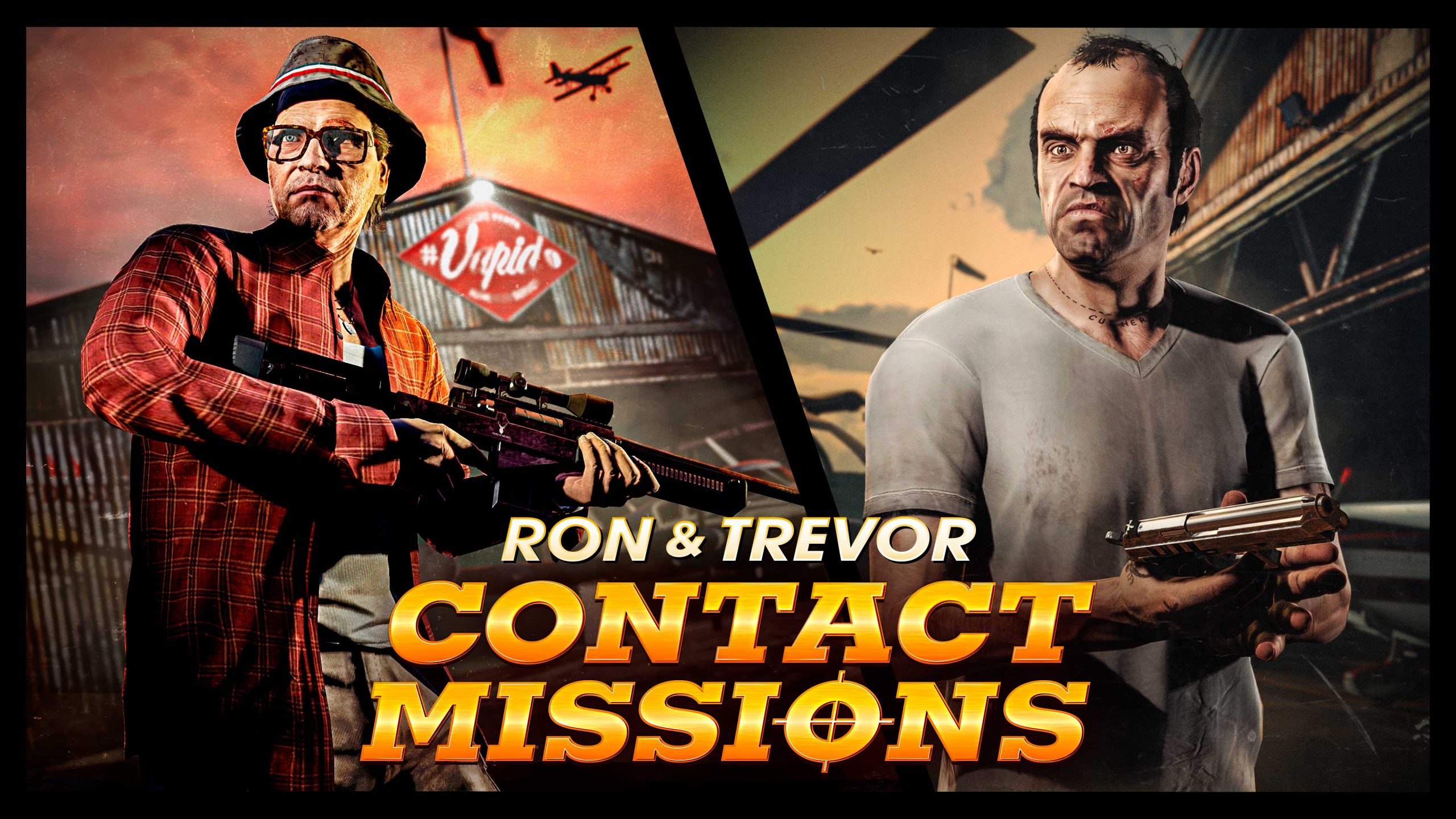 Ron and Trevor Contact Missions poster as they stand armed with weaponry. 