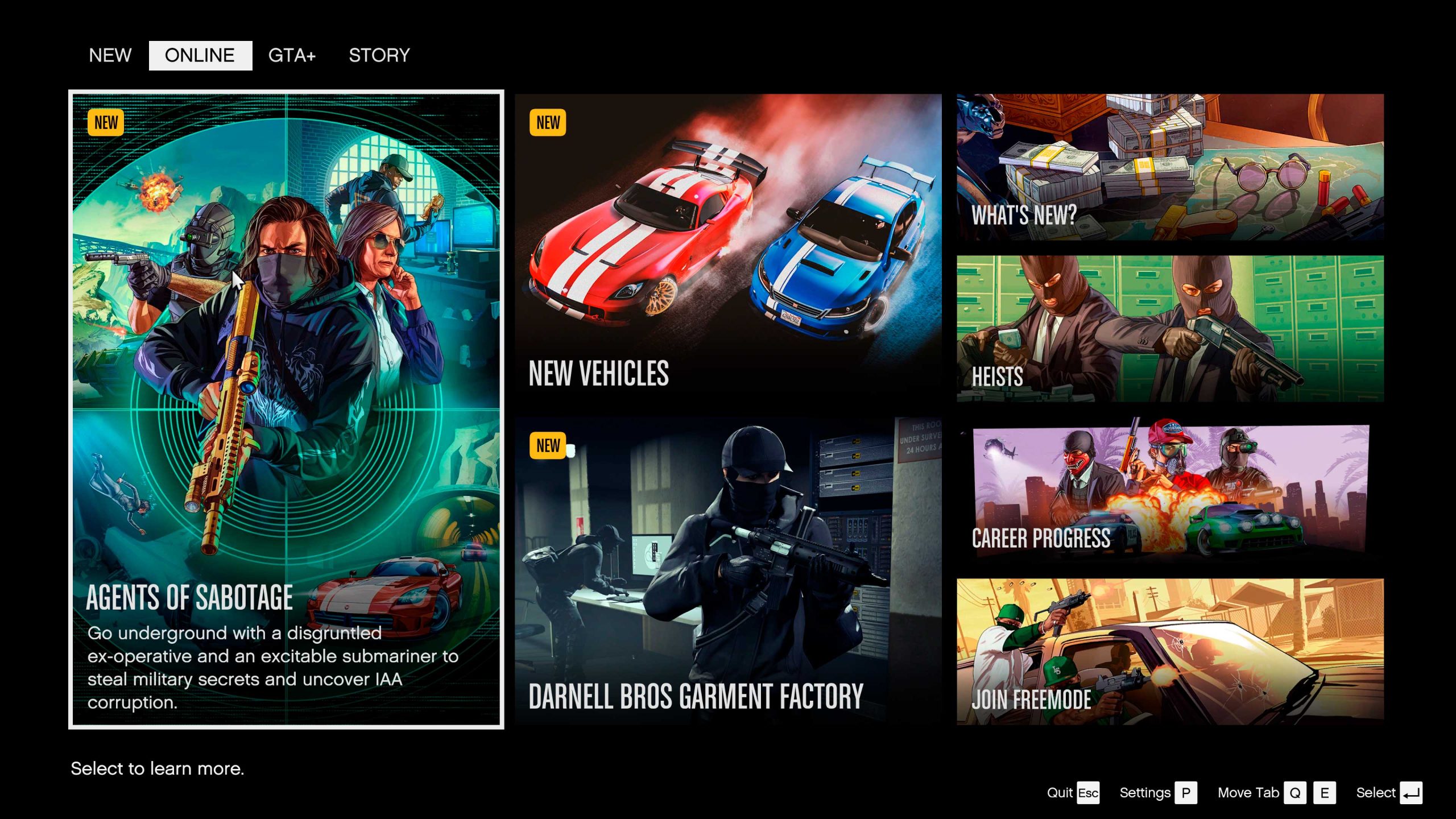 Screenshot of GTA Online’s home menu with Agents of Sabotage highlighted. 