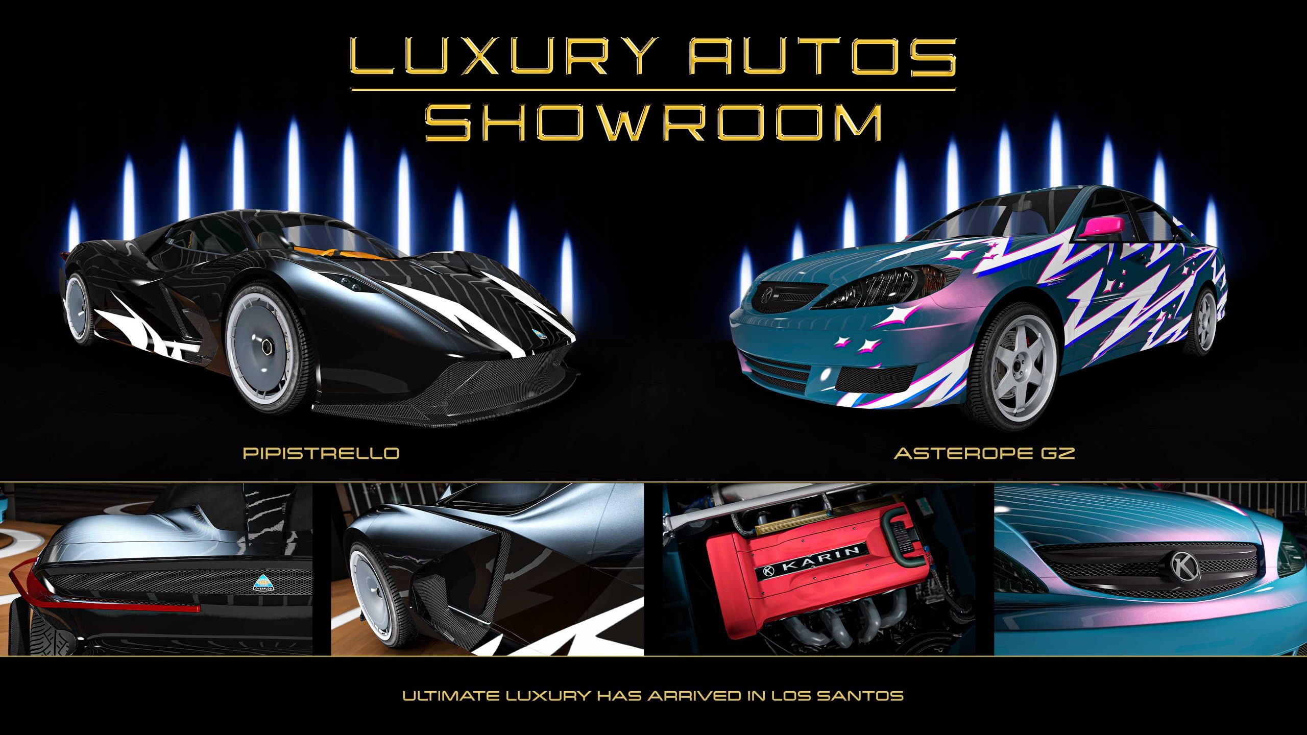 Luxury Autos Showroom poster. Left: A black three-door Överflöd Pipistrello with white pointed livery. Right: A blue and pink pearlescent five-door Karin Asterope GZ with a white zigzag livery and sparkles outlined with pink and blue. 