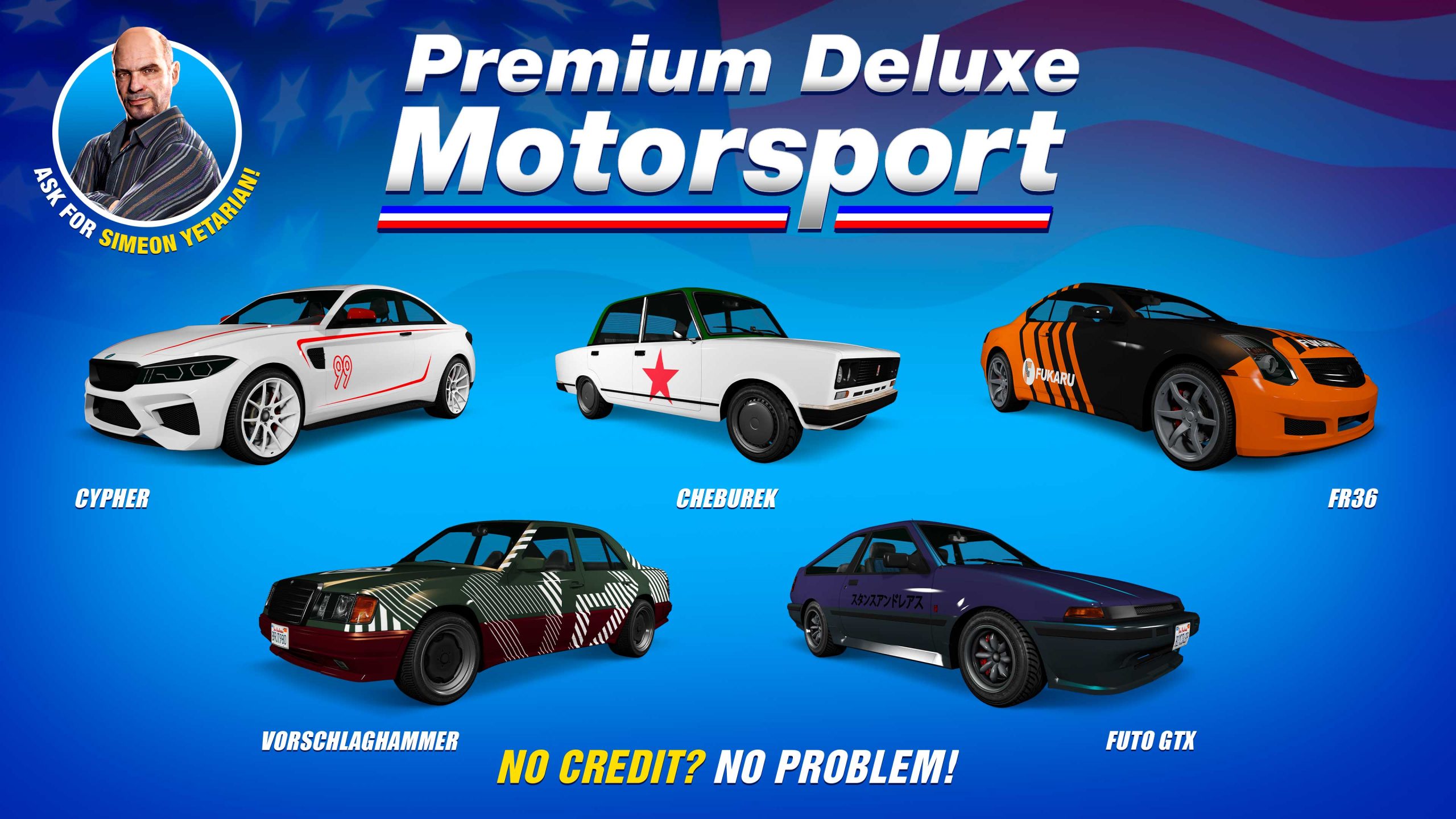 Premium Deluxe Motorsport poster for five vehicles: Übermacht Cypher, RUNE Cheburek, Fathom FR36, Karin Futo GTX, and Benefactor Vorschlaghammer. 