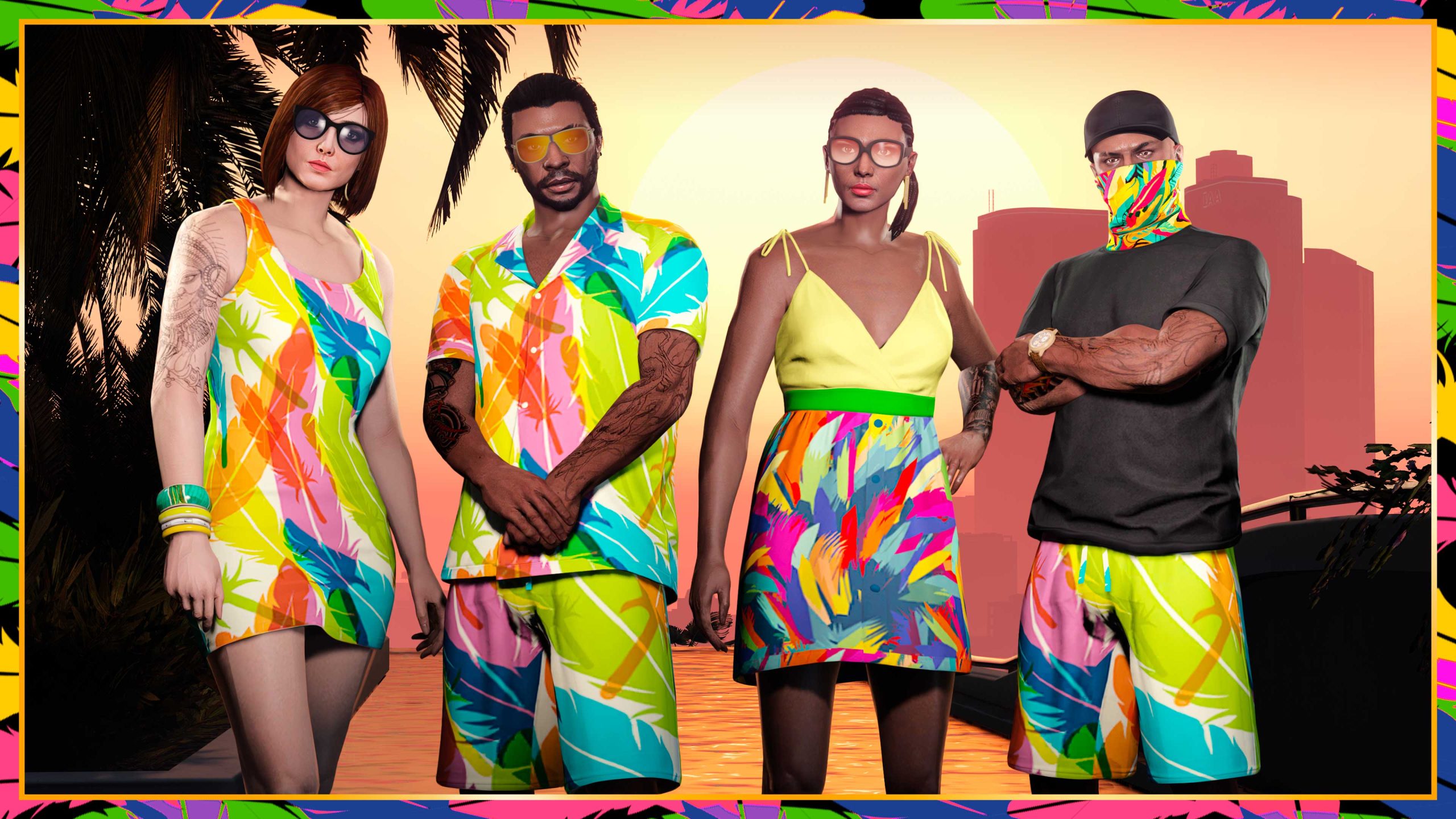 Carnival Celebration poster with four GTA Online characters wearing a variety of clothing decorated with colorful feathers. 