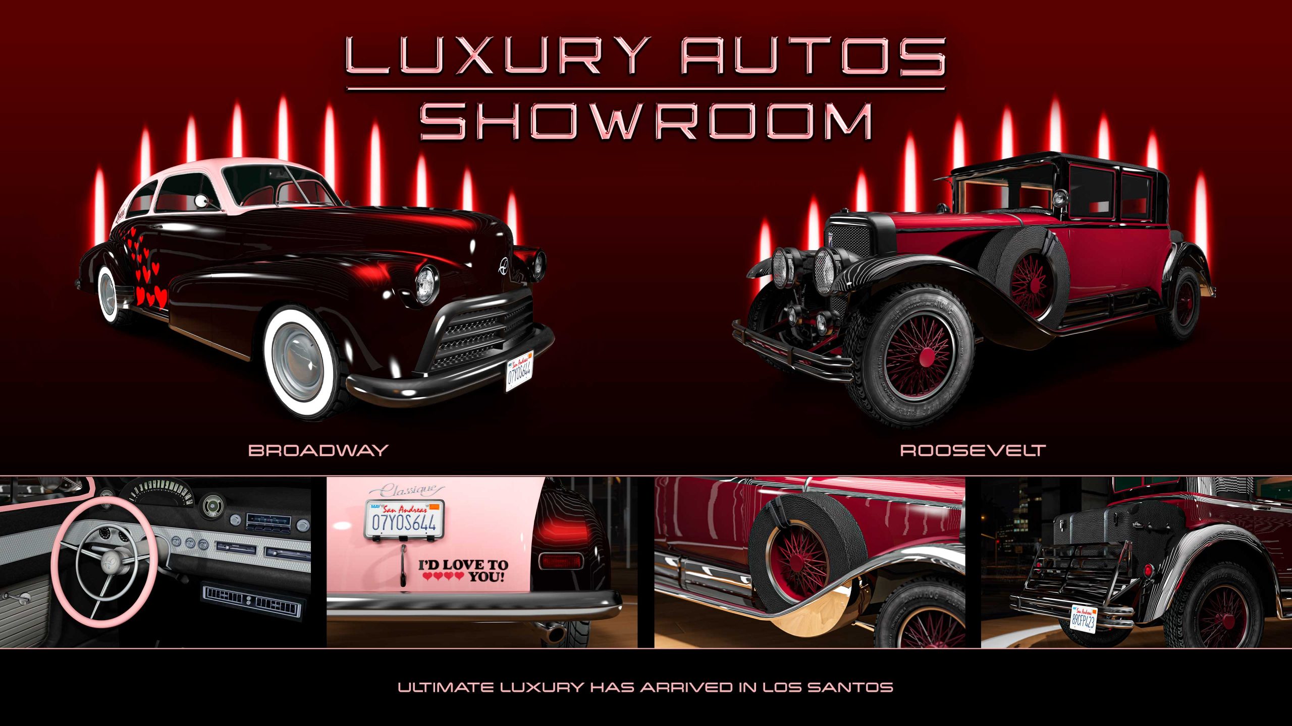 Luxury Autos Showroom poster. Left: A black three-door Classique Broadway car sporting the Los Santos Lovers limited-time livery with red hearts along the rear wheel panels. Right: A red five-door Albany Roosevelt with red rims. 