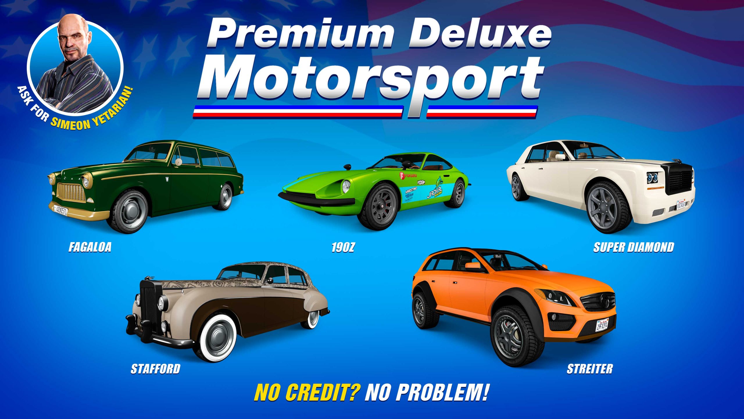 Premium Deluxe Motorsport poster for five vehicles: Enus Stafford, Karin 190z, Benefactor Streiter, Enus Super Diamond, and Vulcar Fagaloa. 