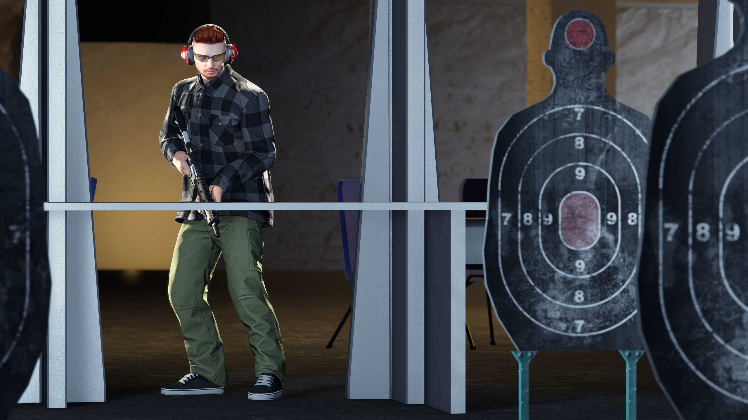 An armed character looking at target practice cutouts in a Bunker shooting range. 