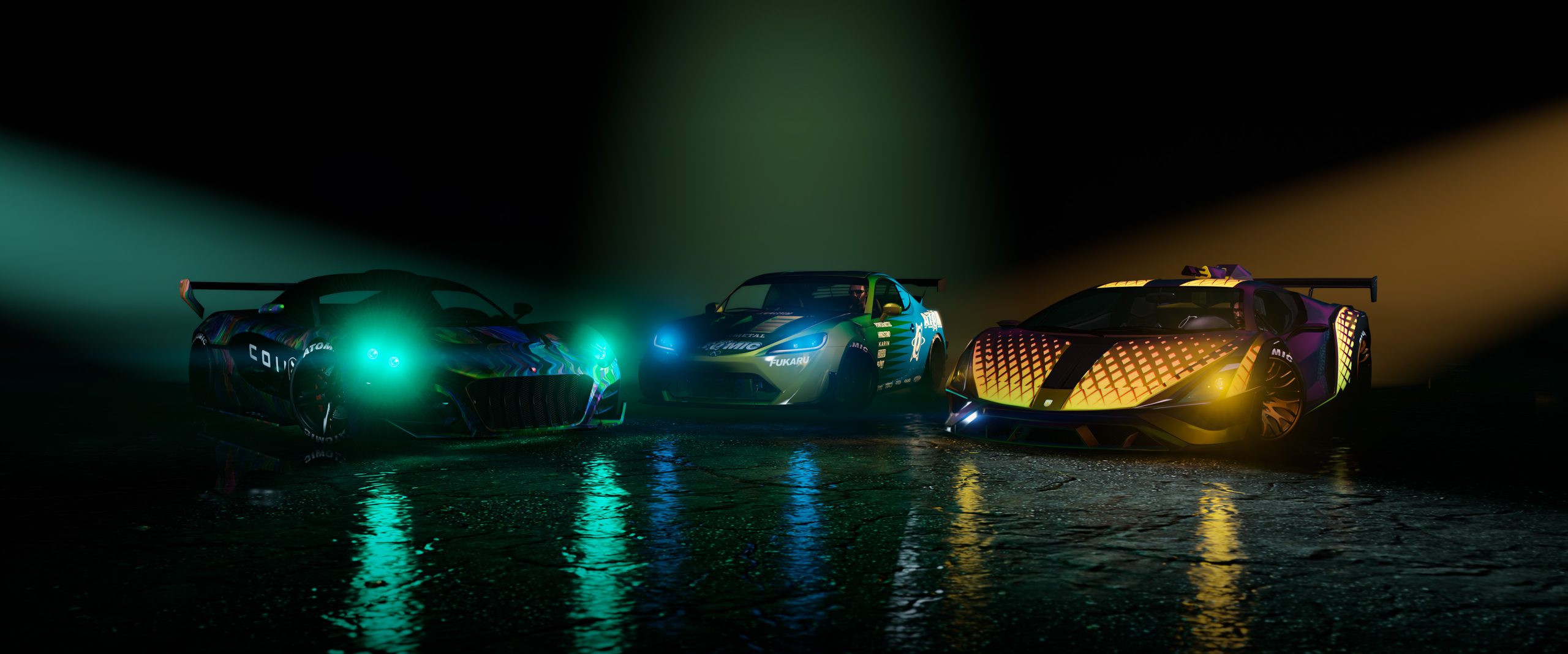 A Coil Cyclone II, Karin S95, and Pegassi Weaponized Ignus parked in the dark lit by colored lights. 