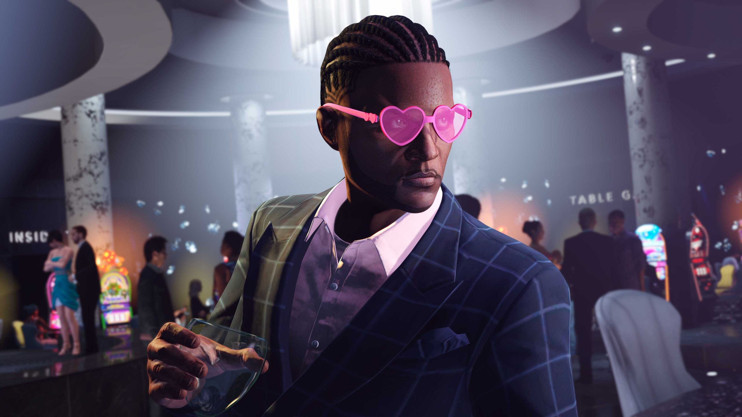 A character wears the Pink Heart Shades while inside The Diamond Casino. 