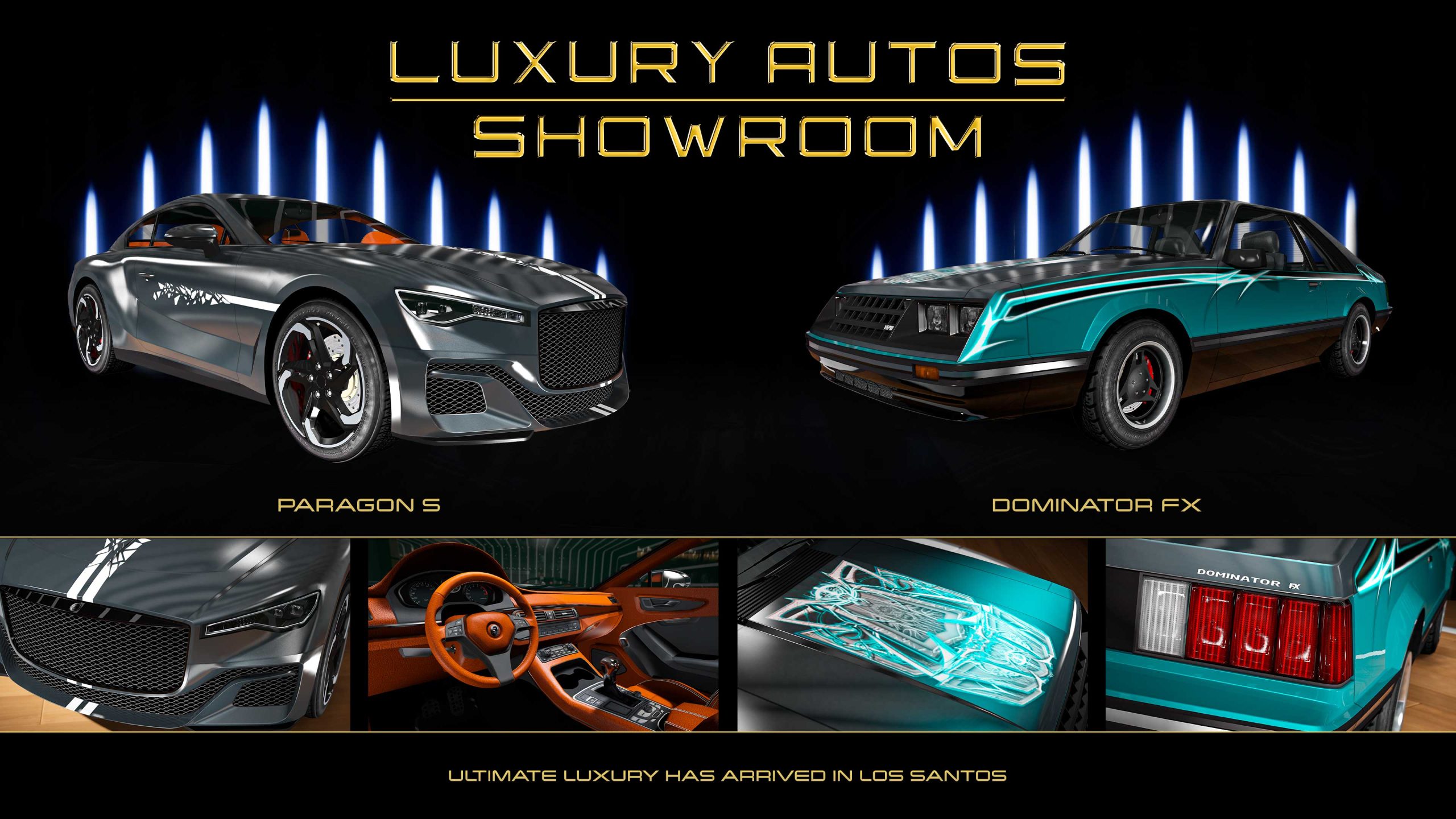 Luxury Autos Showroom poster. Left: A silver three-door Enus Paragon S car. Right: A teal three-door Vapid Dominator FX with line art livery on the hood. 