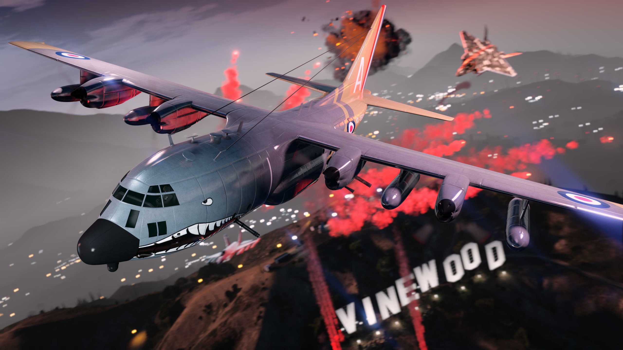 A Titan 250 D being chased by missile-firing jets, flies over the Vinewood sign on the side of the mountains. 