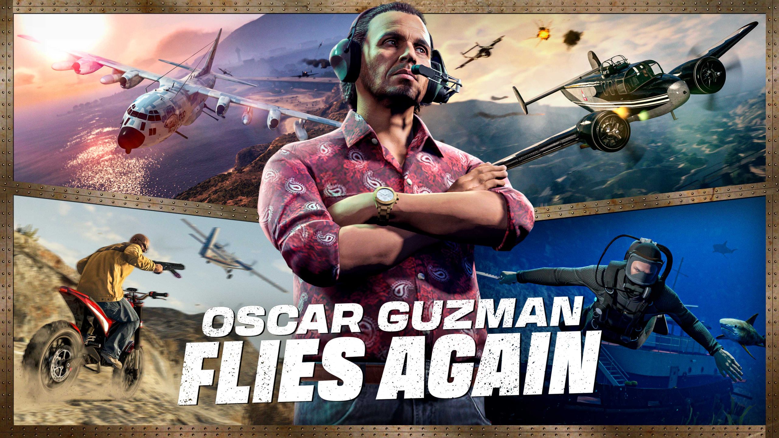 Oscar Guzman Flies Again event poster with Oscar wearing a pilot headset standing in front of a montage of various high-octane activities: Scuba diving with sharks, airborne plane combat, dirt biking with weapons. 