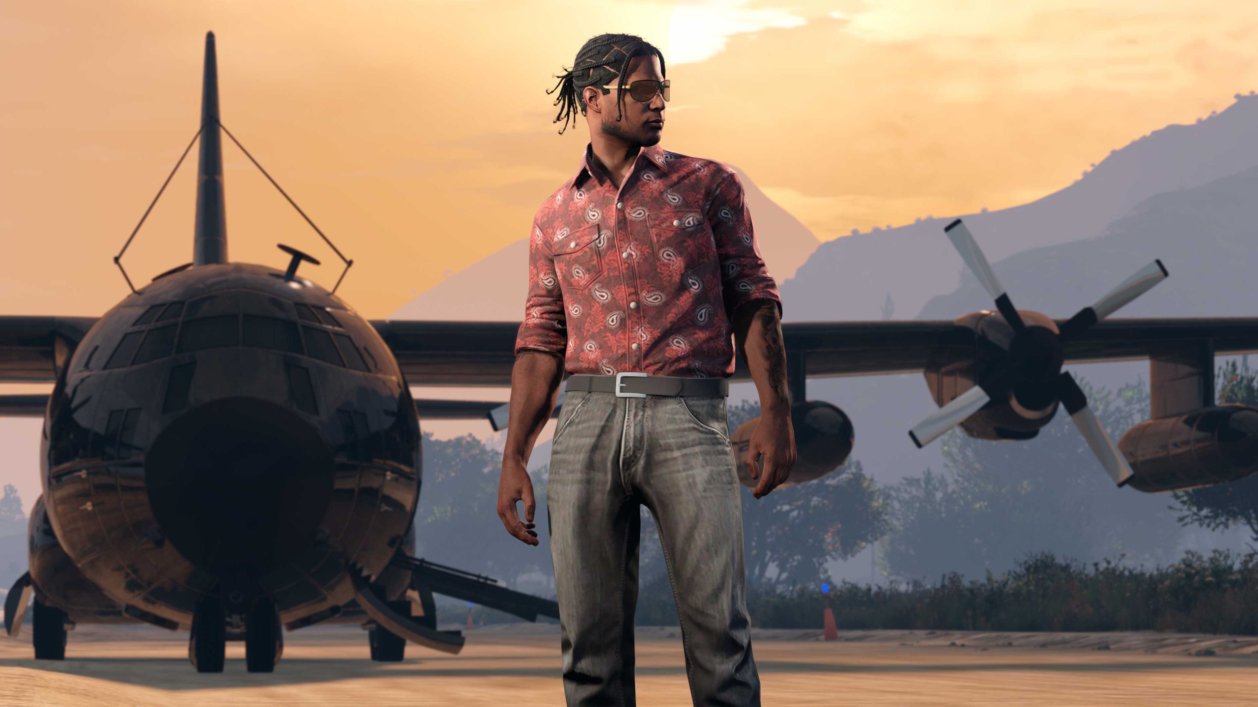 A character wearing Oscar Guzman’s outfit stands in front of a Titan 250 D plane. 